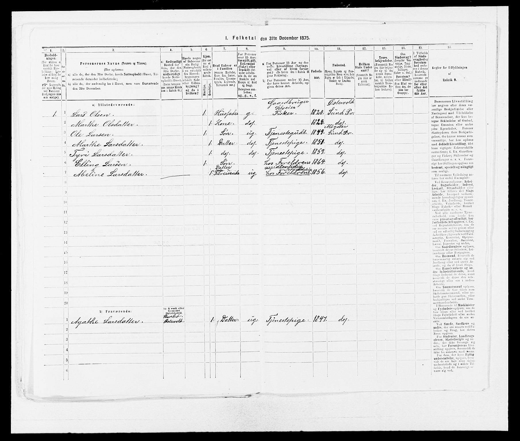 SAB, 1875 census for 1245P Sund, 1875, p. 1311