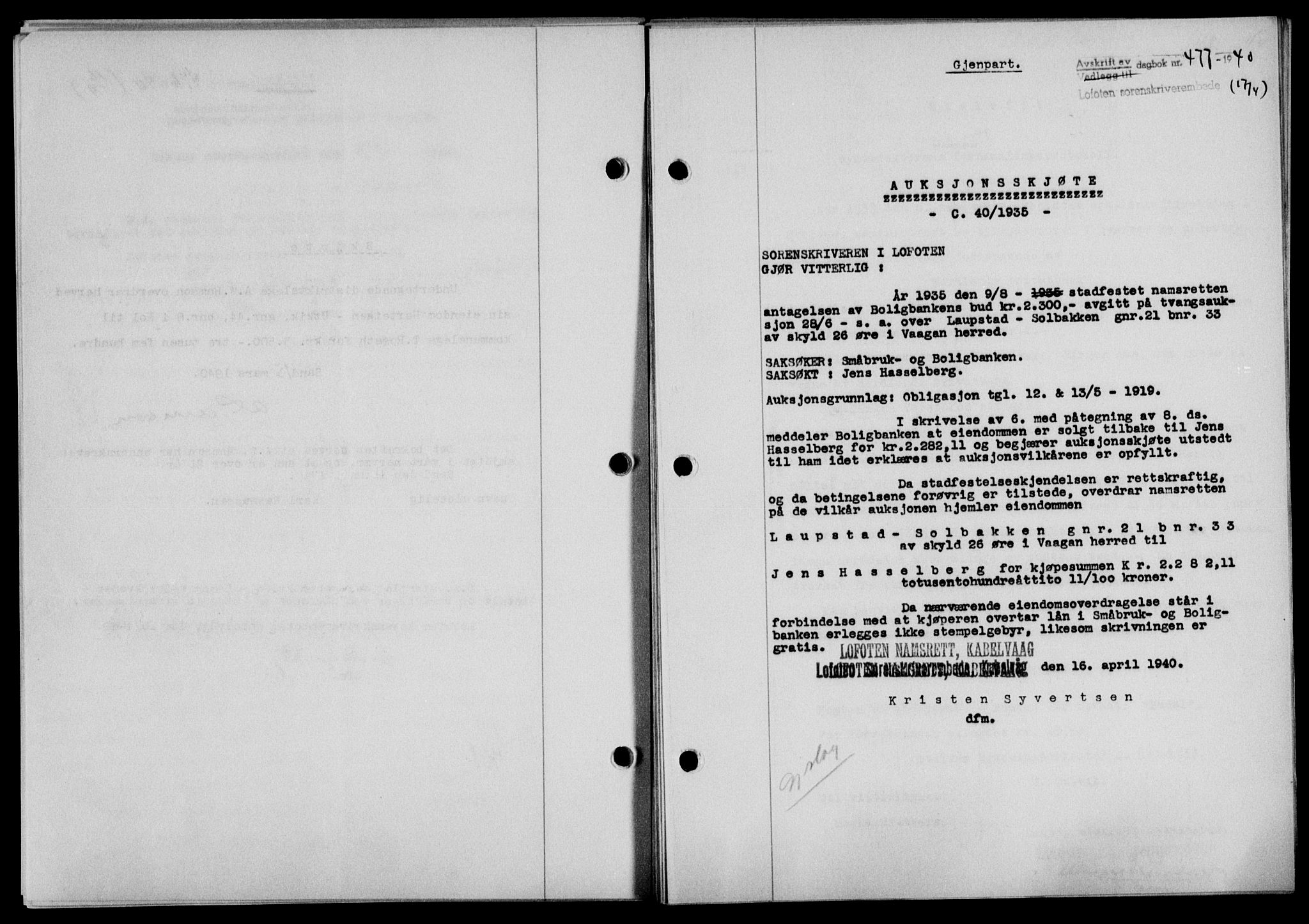 Lofoten sorenskriveri, SAT/A-0017/1/2/2C/L0007a: Mortgage book no. 7a, 1939-1940, Diary no: : 477/1940