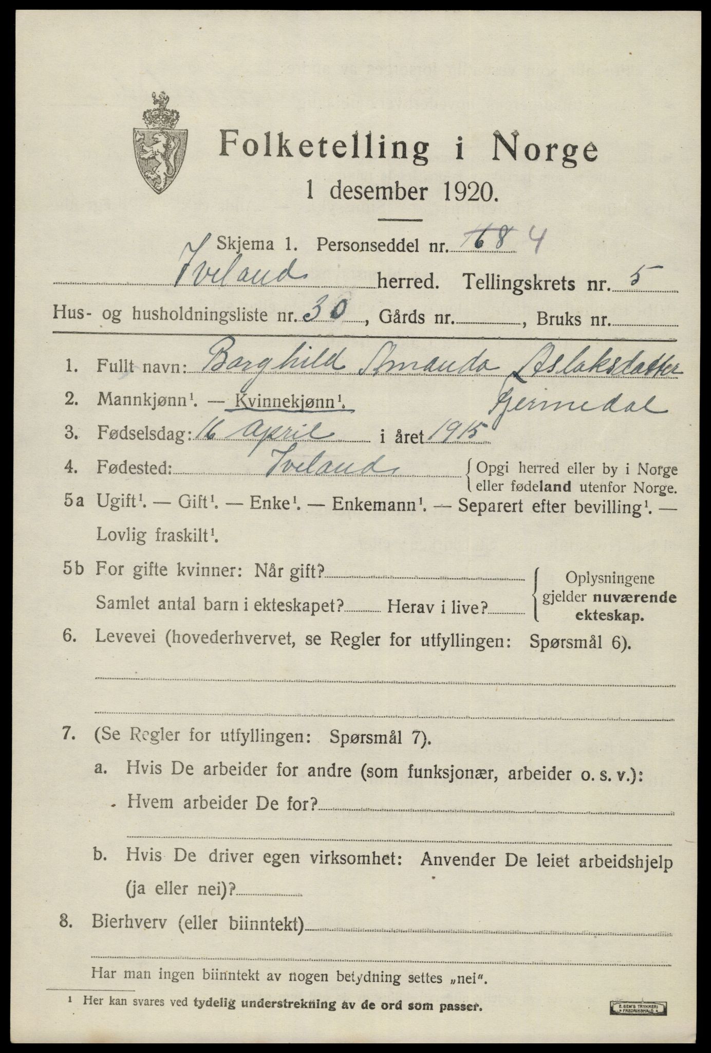 SAK, 1920 census for Iveland, 1920, p. 1921