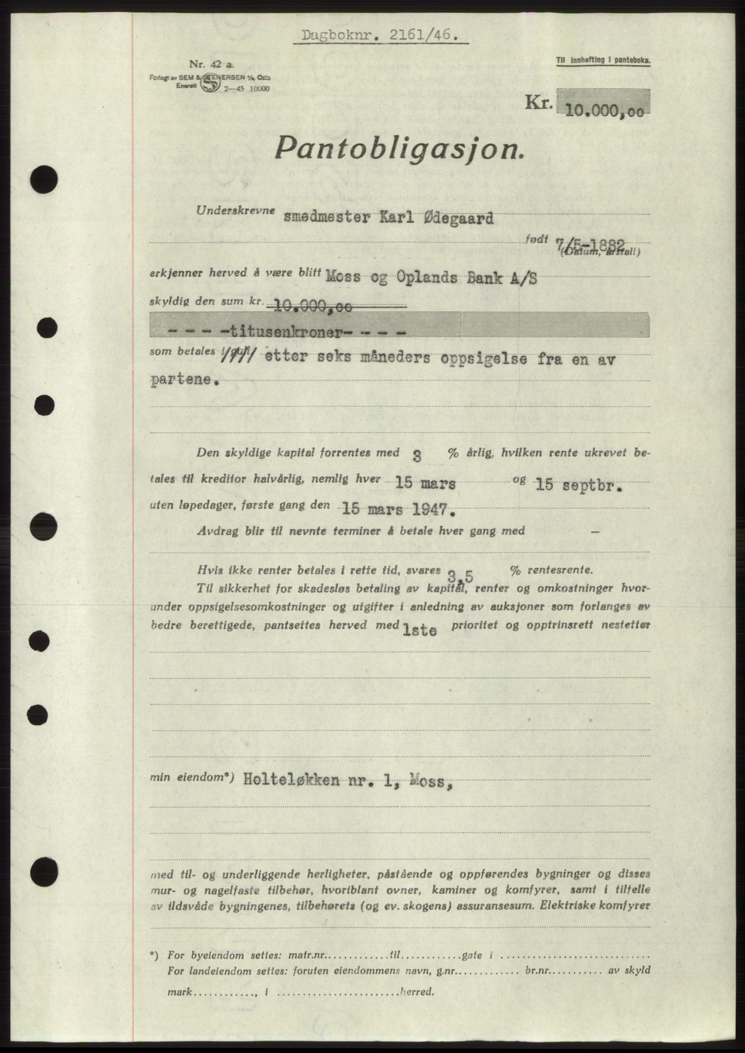 Moss sorenskriveri, AV/SAO-A-10168: Mortgage book no. B15, 1946-1946, Diary no: : 2161/1946