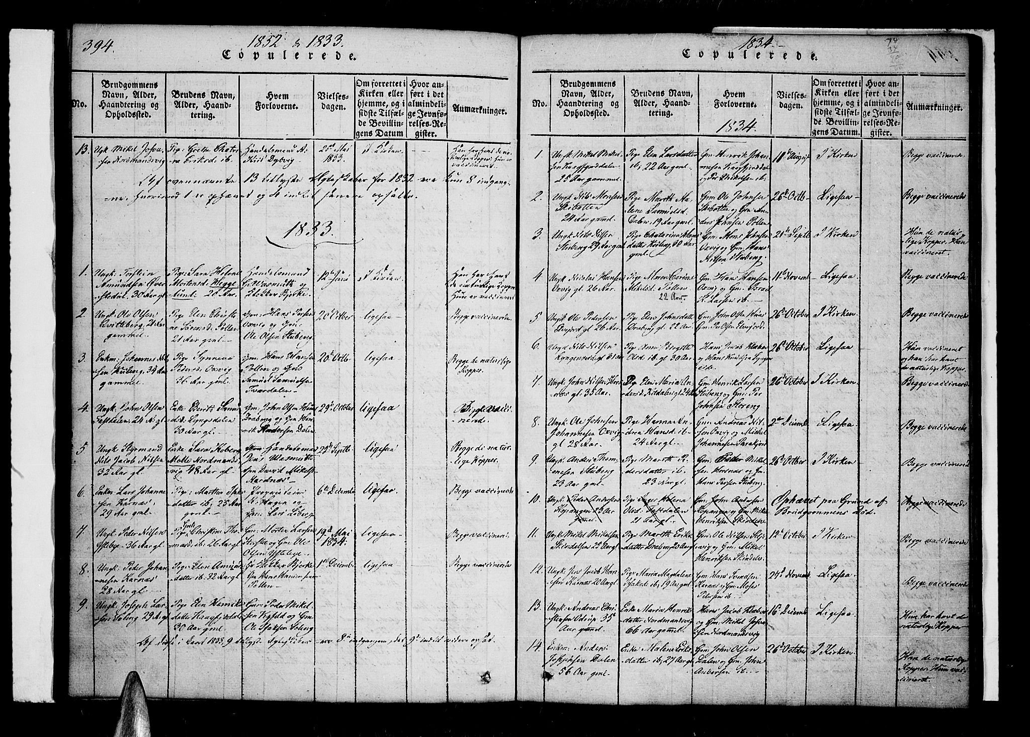 Lyngen sokneprestembete, SATØ/S-1289/H/He/Hea/L0003kirke: Parish register (official) no. 3, 1822-1838, p. 394-395