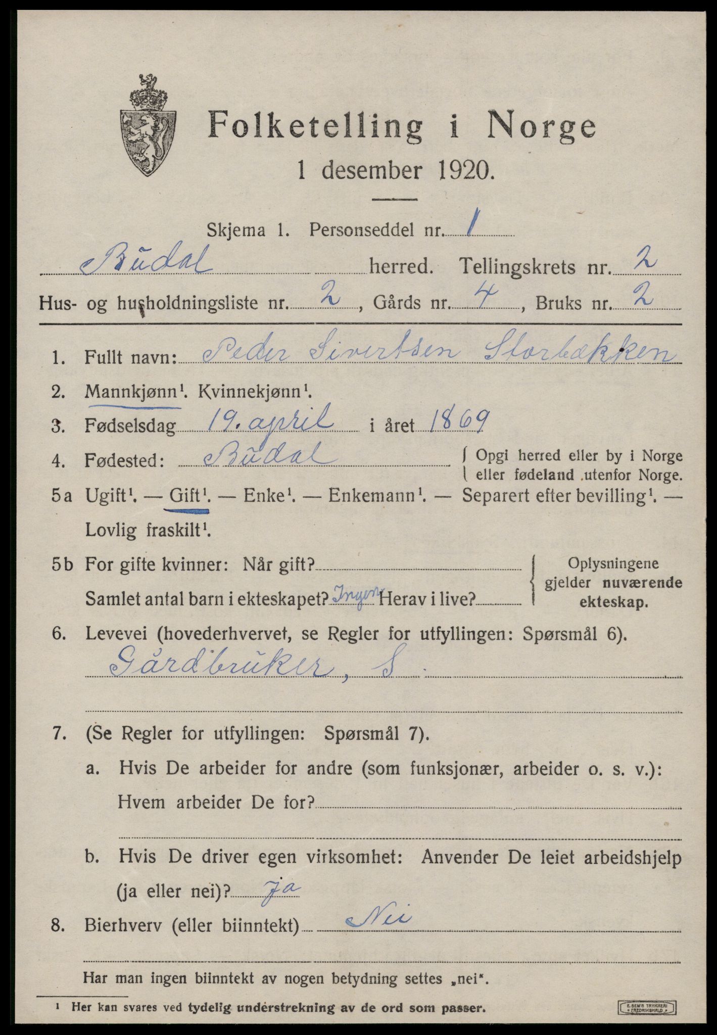 SAT, 1920 census for Budal, 1920, p. 396