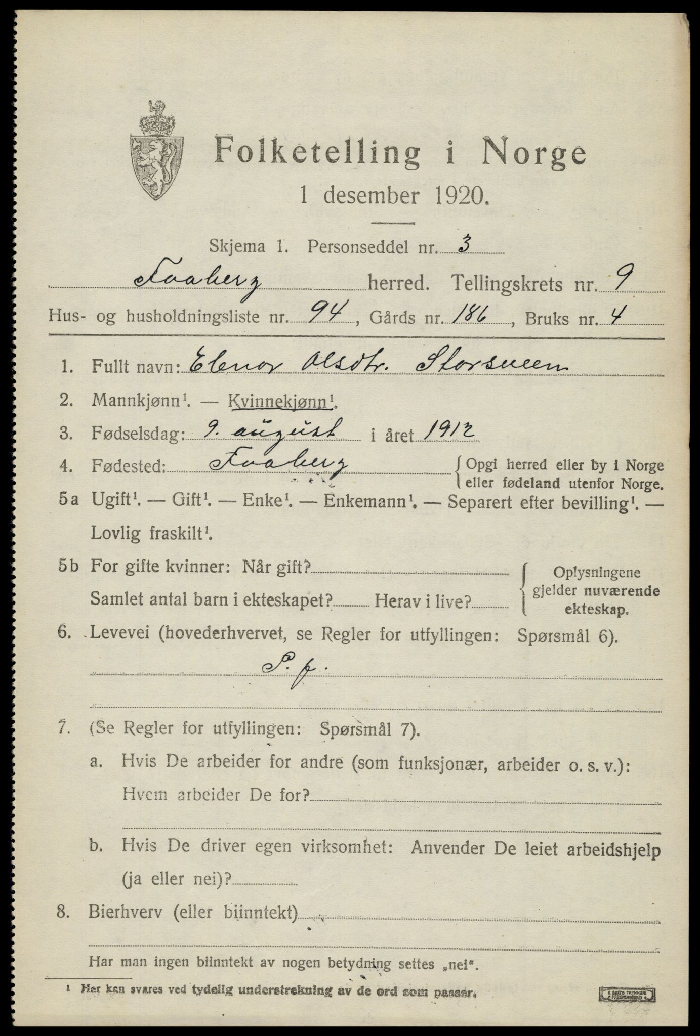 SAH, 1920 census for Fåberg, 1920, p. 11536