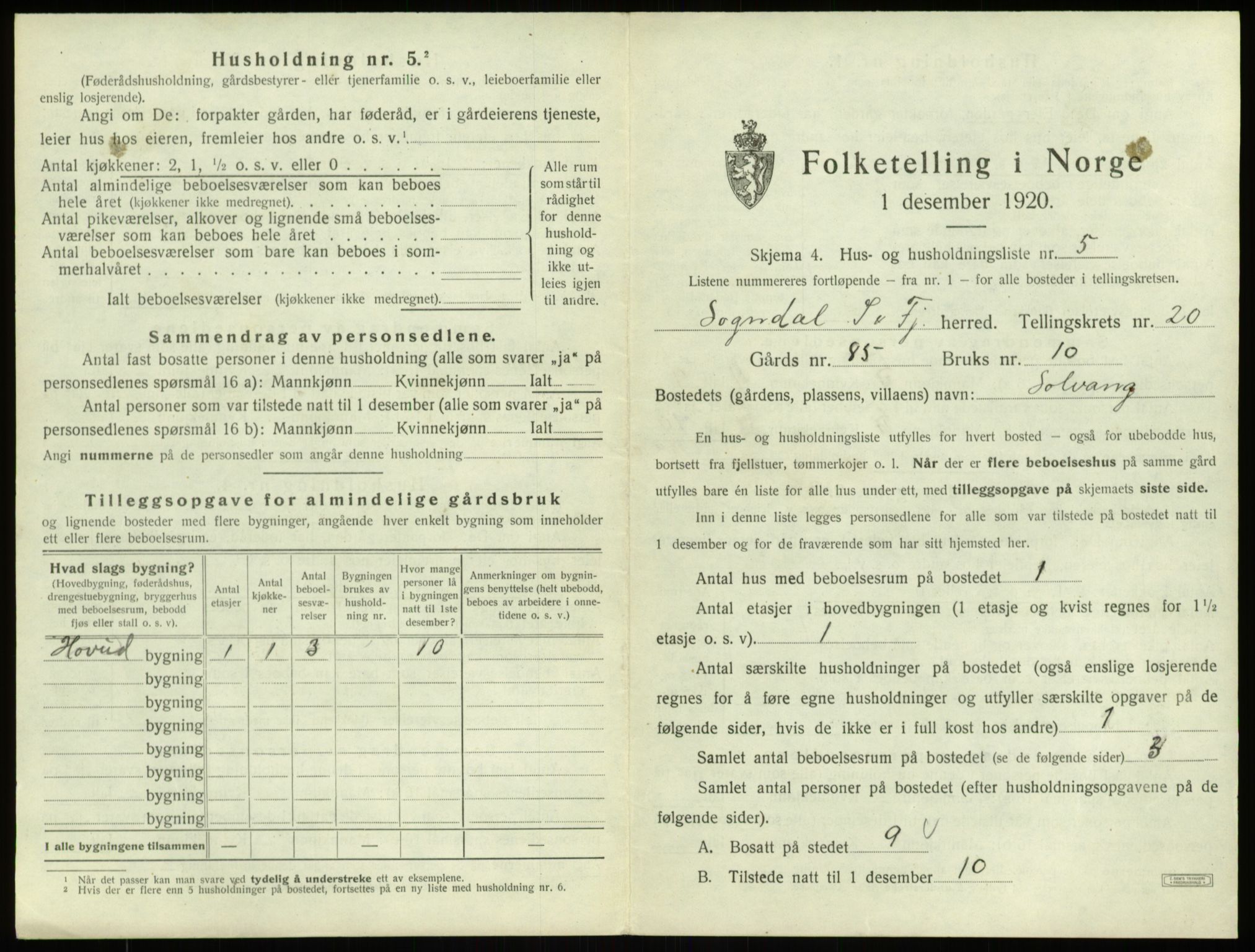 SAB, 1920 census for Sogndal, 1920, p. 1110