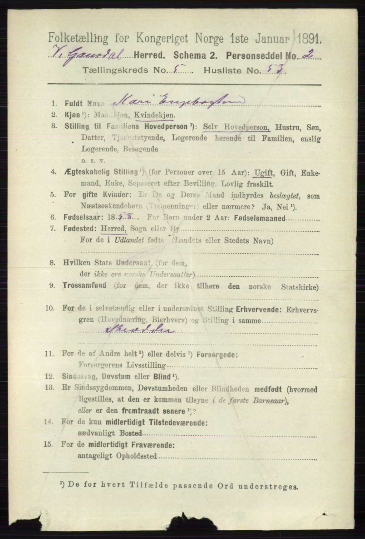 RA, 1891 census for 0523 Vestre Gausdal, 1891, p. 2476