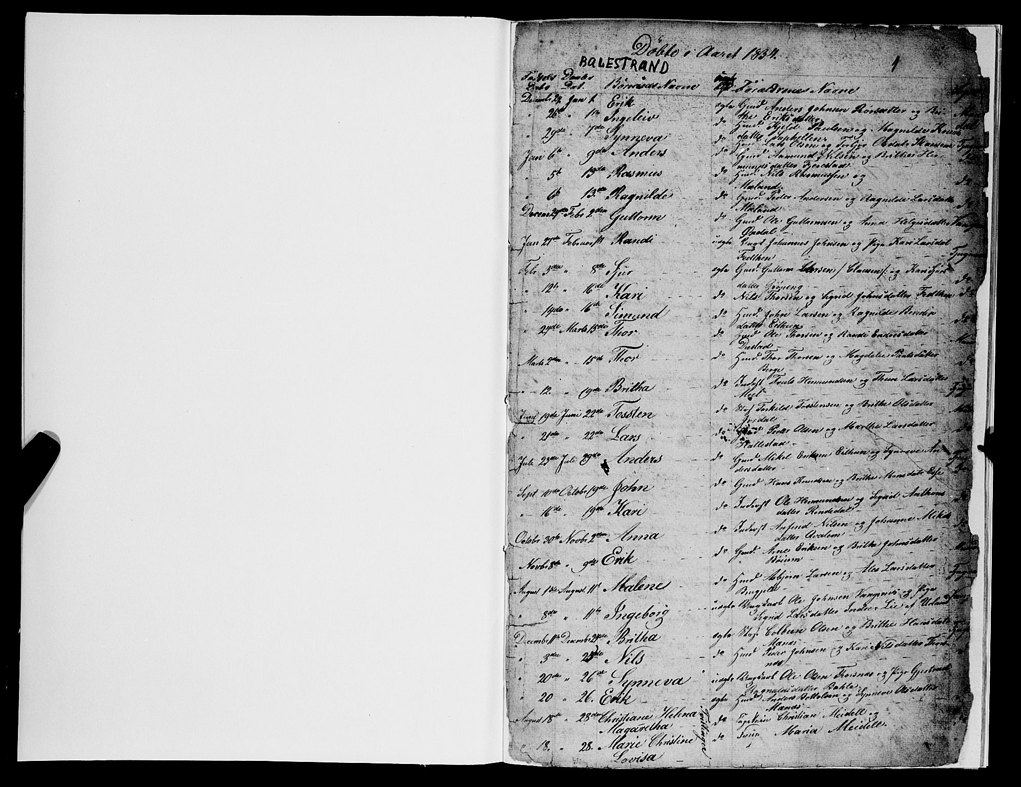 Balestrand sokneprestembete, SAB/A-79601/H/Haa/Haaa/L0001: Parish register (official) no. A 1, 1834-1846, p. 1