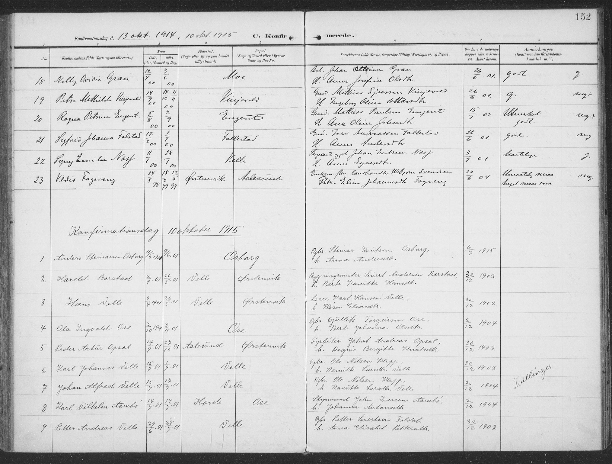 Ministerialprotokoller, klokkerbøker og fødselsregistre - Møre og Romsdal, SAT/A-1454/513/L0178: Parish register (official) no. 513A05, 1906-1919, p. 152