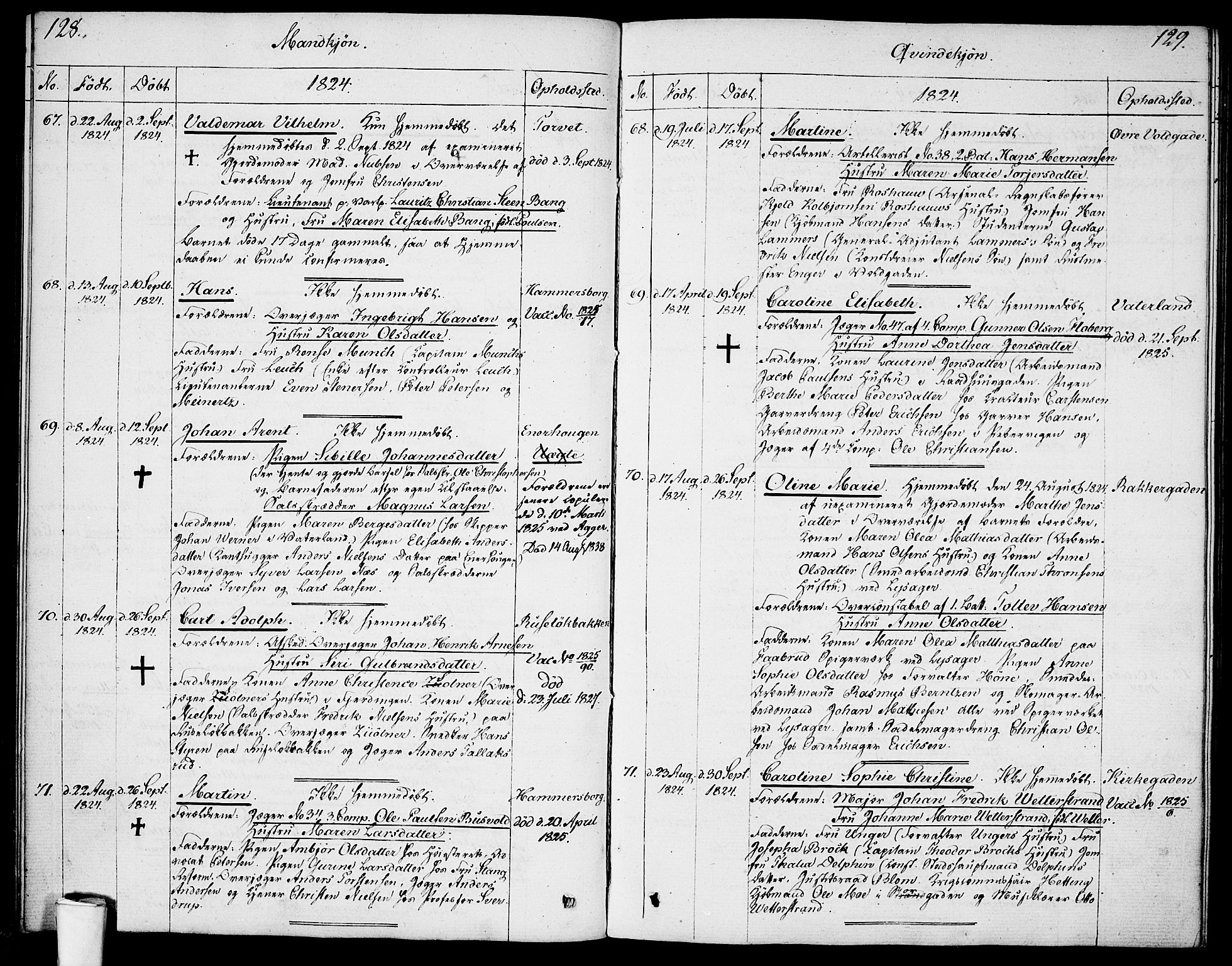 Garnisonsmenigheten Kirkebøker, SAO/A-10846/F/Fa/L0004: Parish register (official) no. 4, 1820-1828, p. 128-129