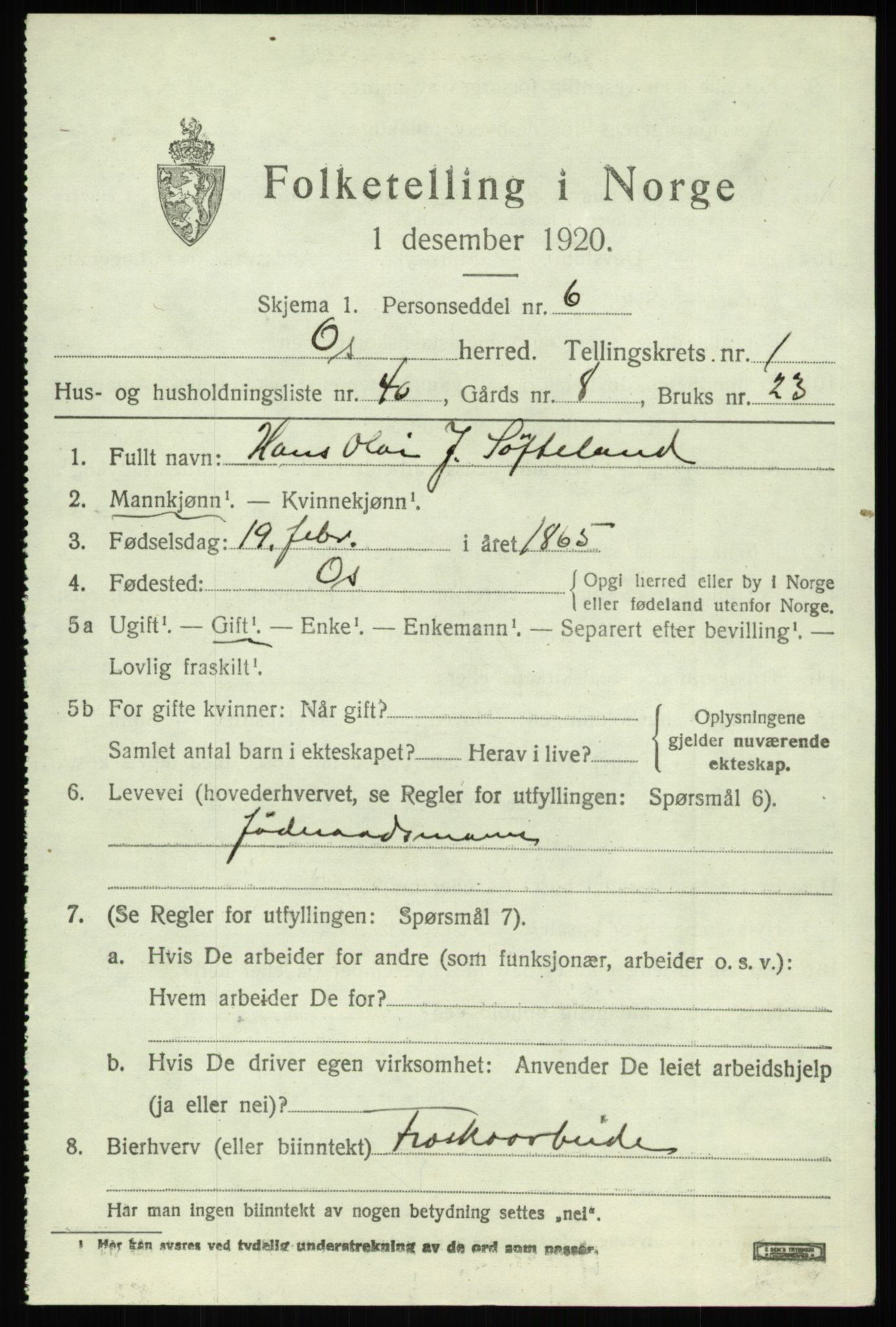 SAB, 1920 census for Os, 1920, p. 1654