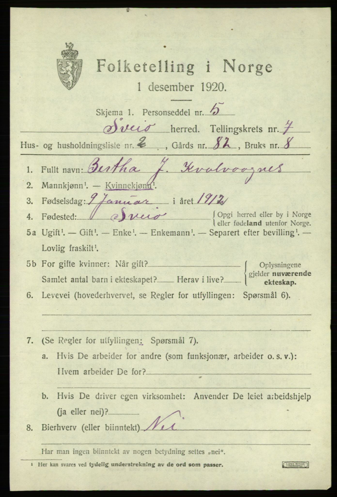 SAB, 1920 census for Sveio, 1920, p. 3572