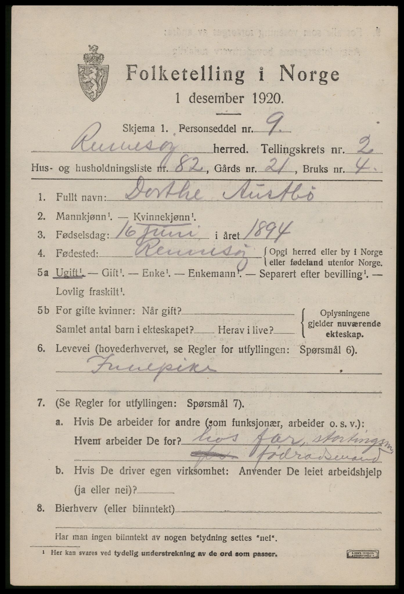 SAST, 1920 census for Rennesøy, 1920, p. 1920