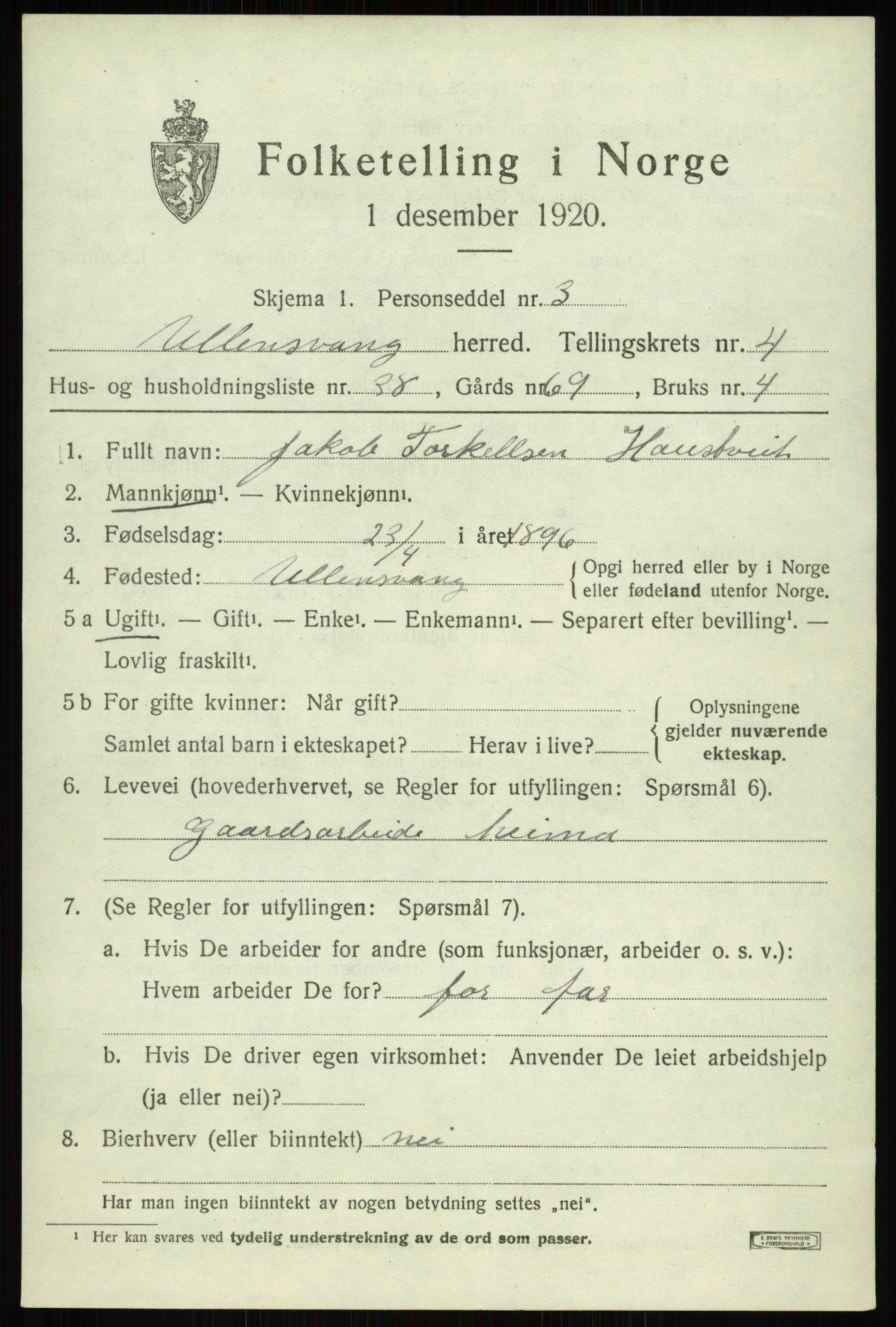 SAB, 1920 census for Ullensvang, 1920, p. 2350