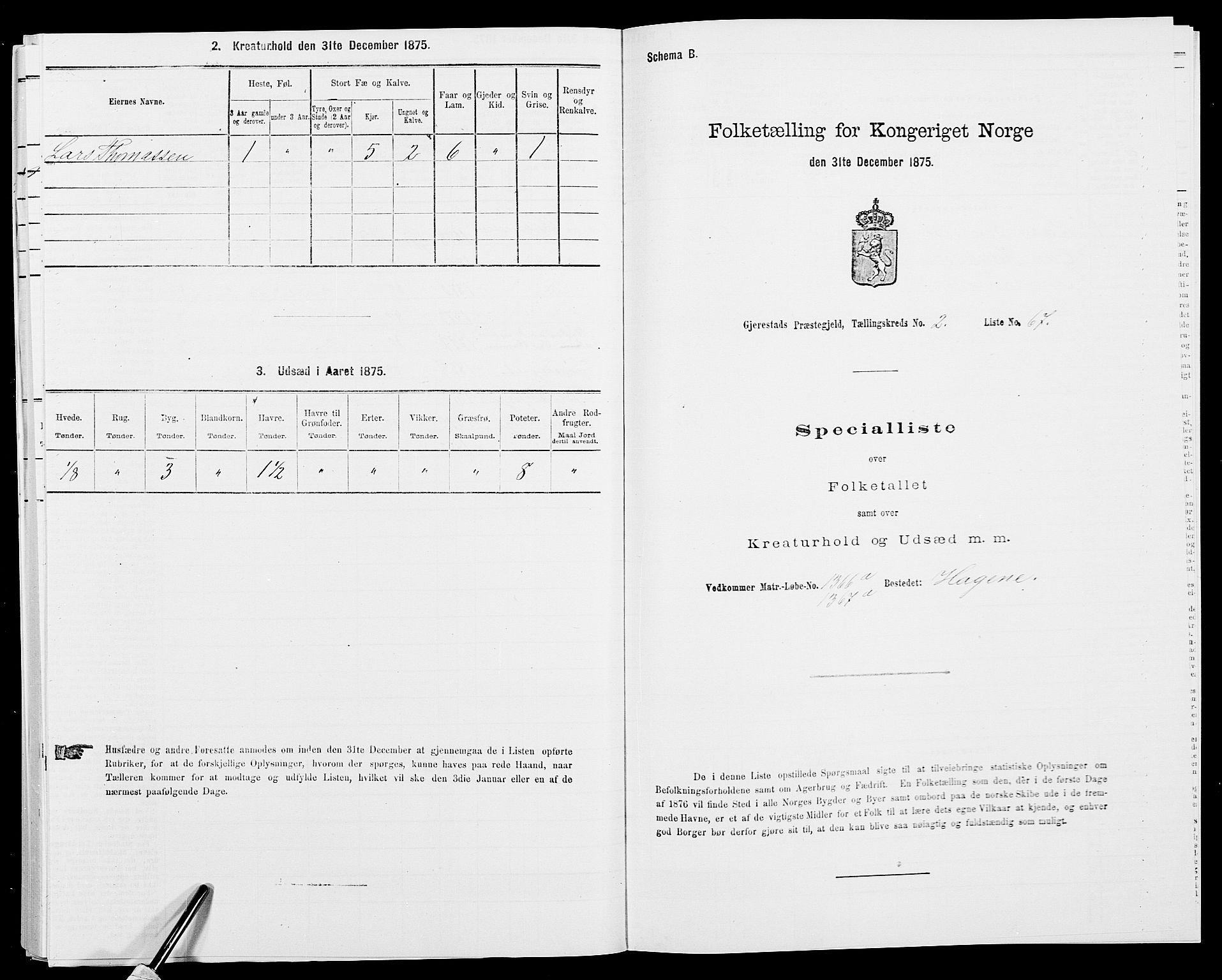 SAK, 1875 census for 0911P Gjerstad, 1875, p. 274