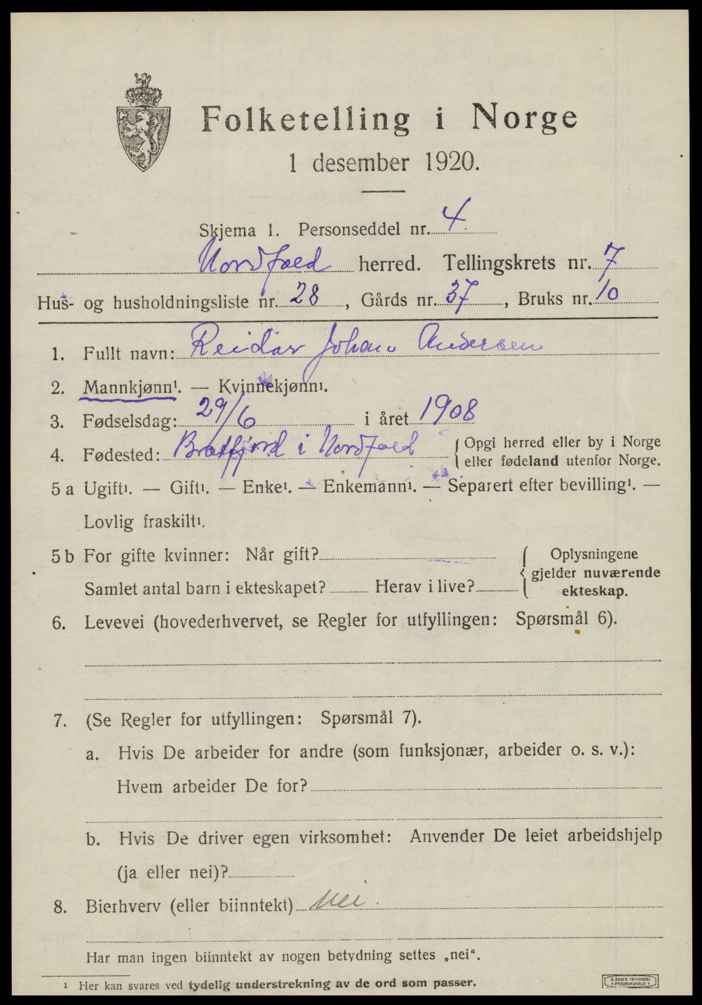 SAT, 1920 census for Nordfold, 1920, p. 3361