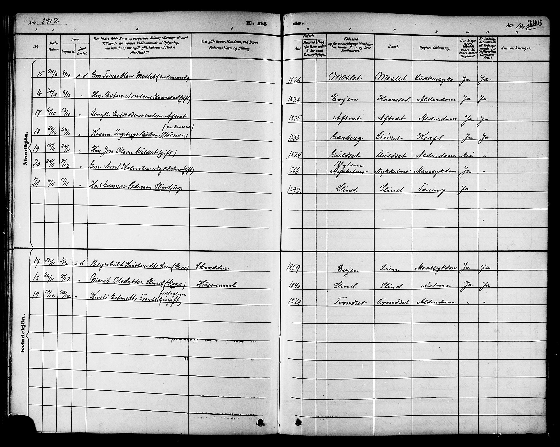 Ministerialprotokoller, klokkerbøker og fødselsregistre - Sør-Trøndelag, AV/SAT-A-1456/695/L1157: Parish register (copy) no. 695C08, 1889-1913, p. 396
