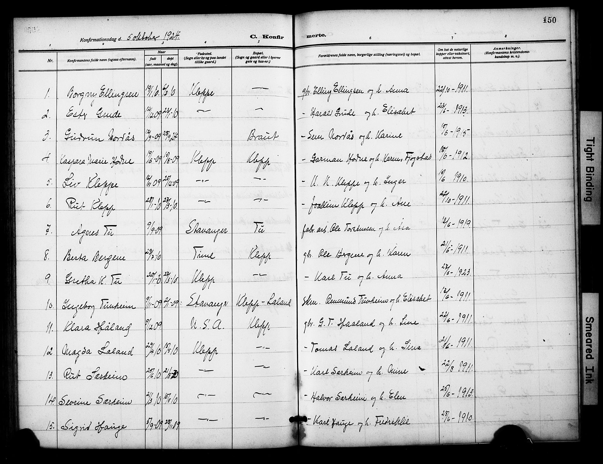 Klepp sokneprestkontor, SAST/A-101803/001/3/30BB/L0007: Parish register (copy) no. B 7, 1908-1934, p. 150