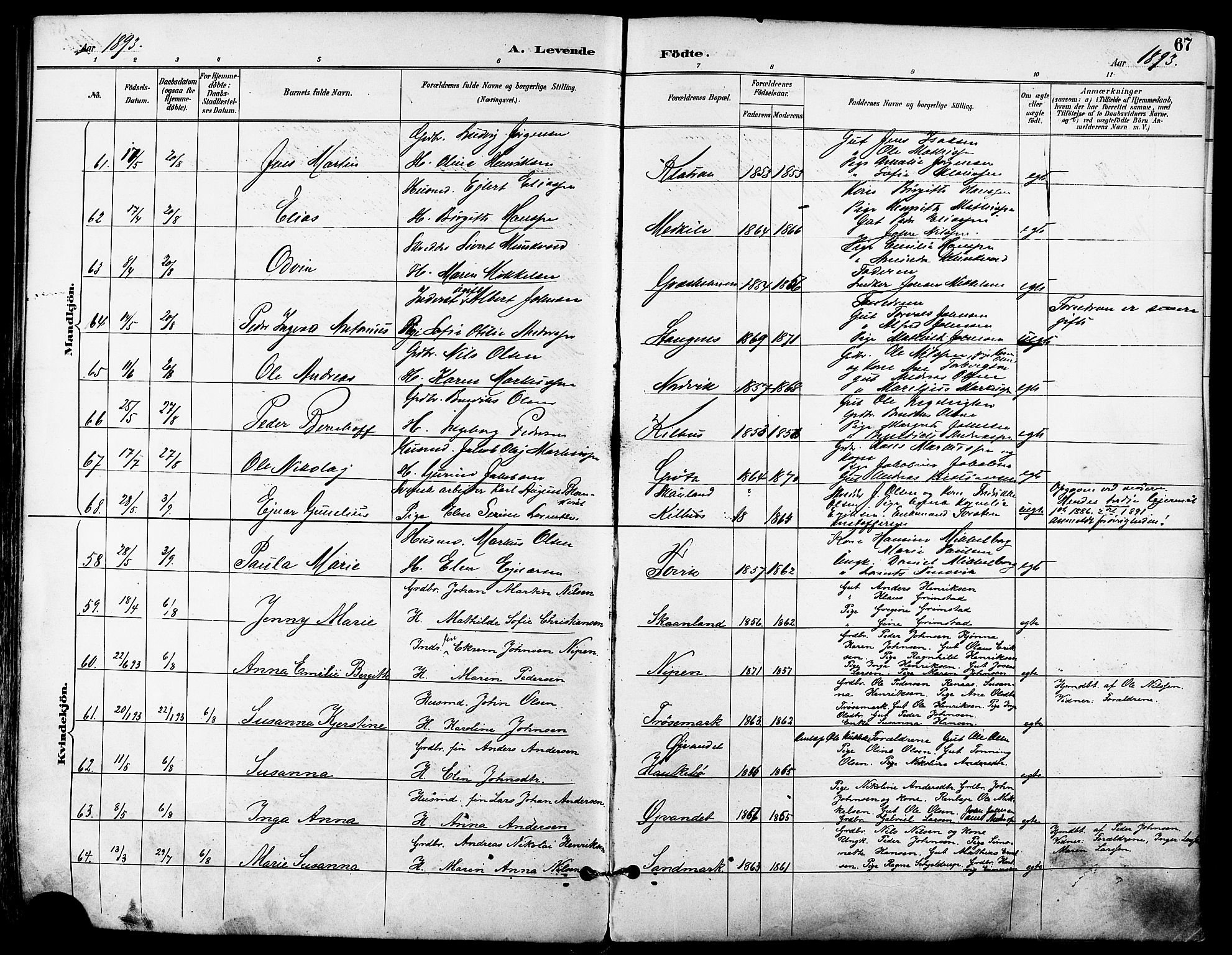 Trondenes sokneprestkontor, SATØ/S-1319/H/Ha/L0016kirke: Parish register (official) no. 16, 1890-1898, p. 67