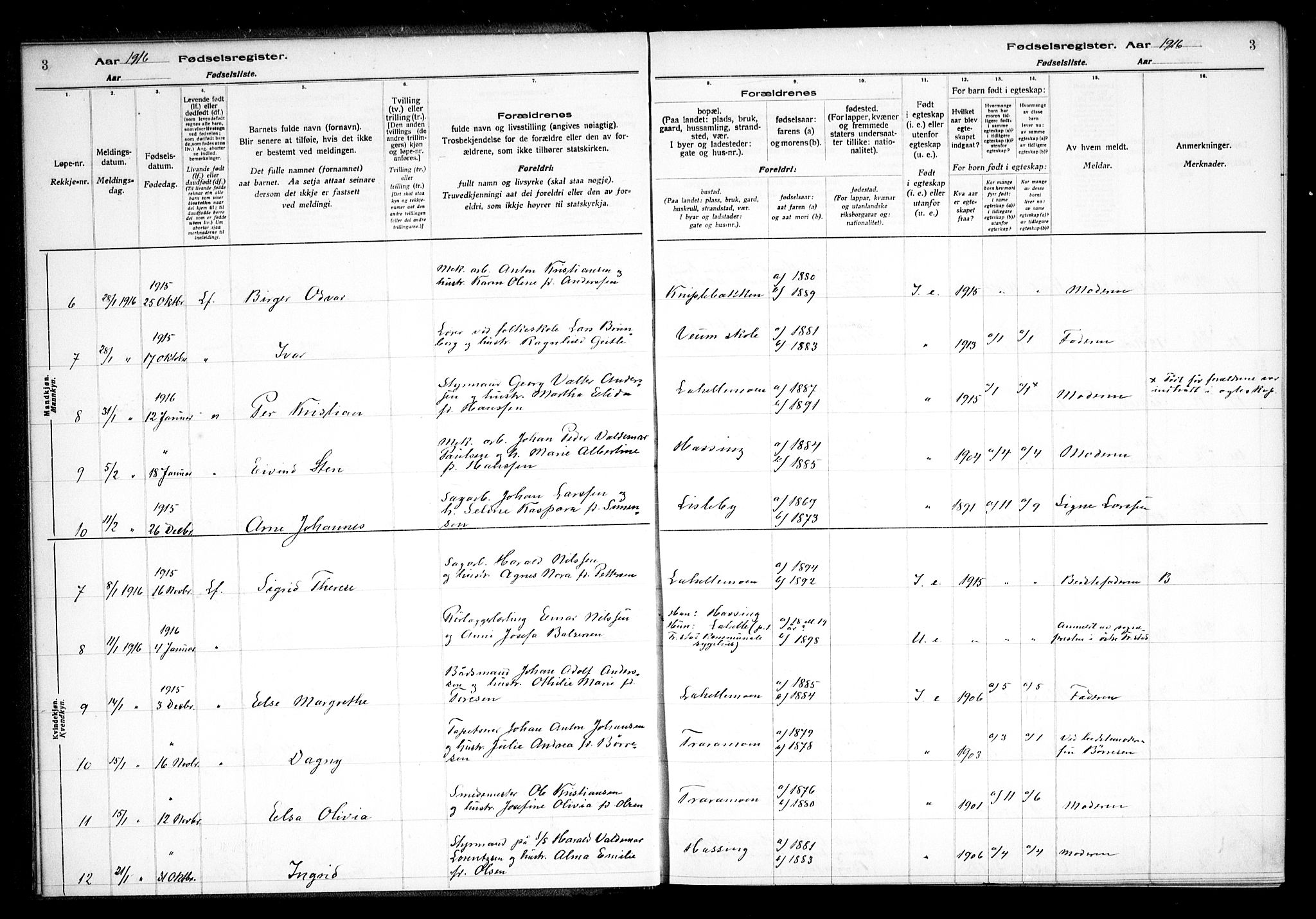 Glemmen prestekontor Kirkebøker, AV/SAO-A-10908/J/Ja/L0001: Birth register no. I 1, 1916-1922, p. 3