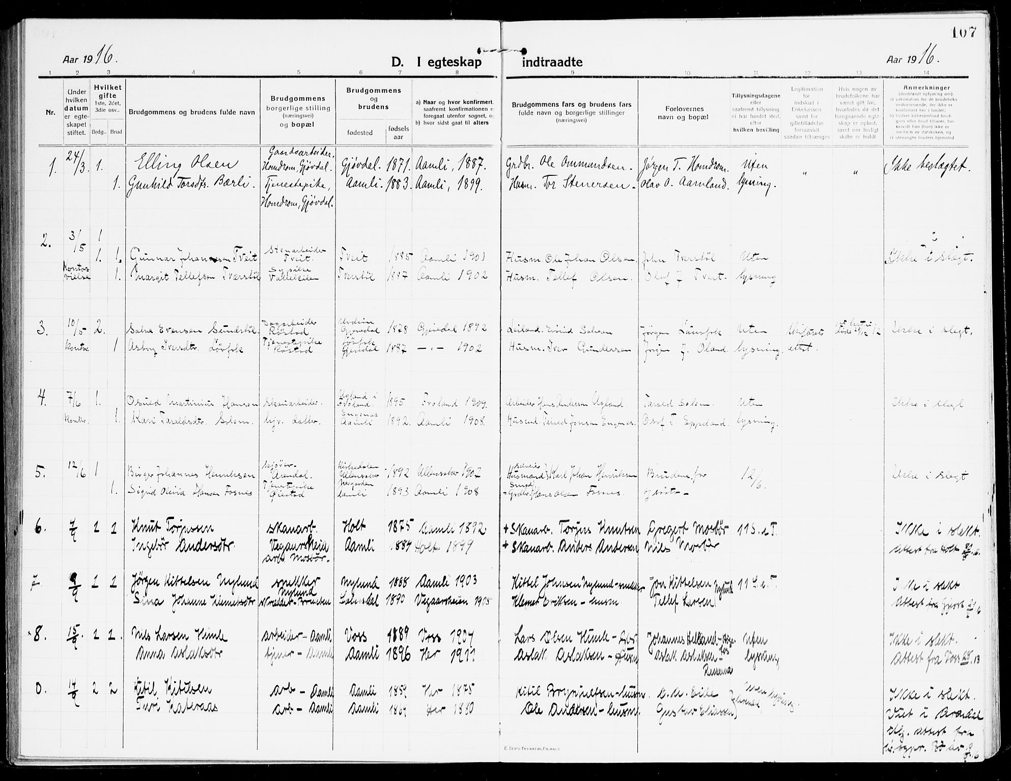 Åmli sokneprestkontor, AV/SAK-1111-0050/F/Fa/Fac/L0013: Parish register (official) no. A 13, 1914-1933, p. 107