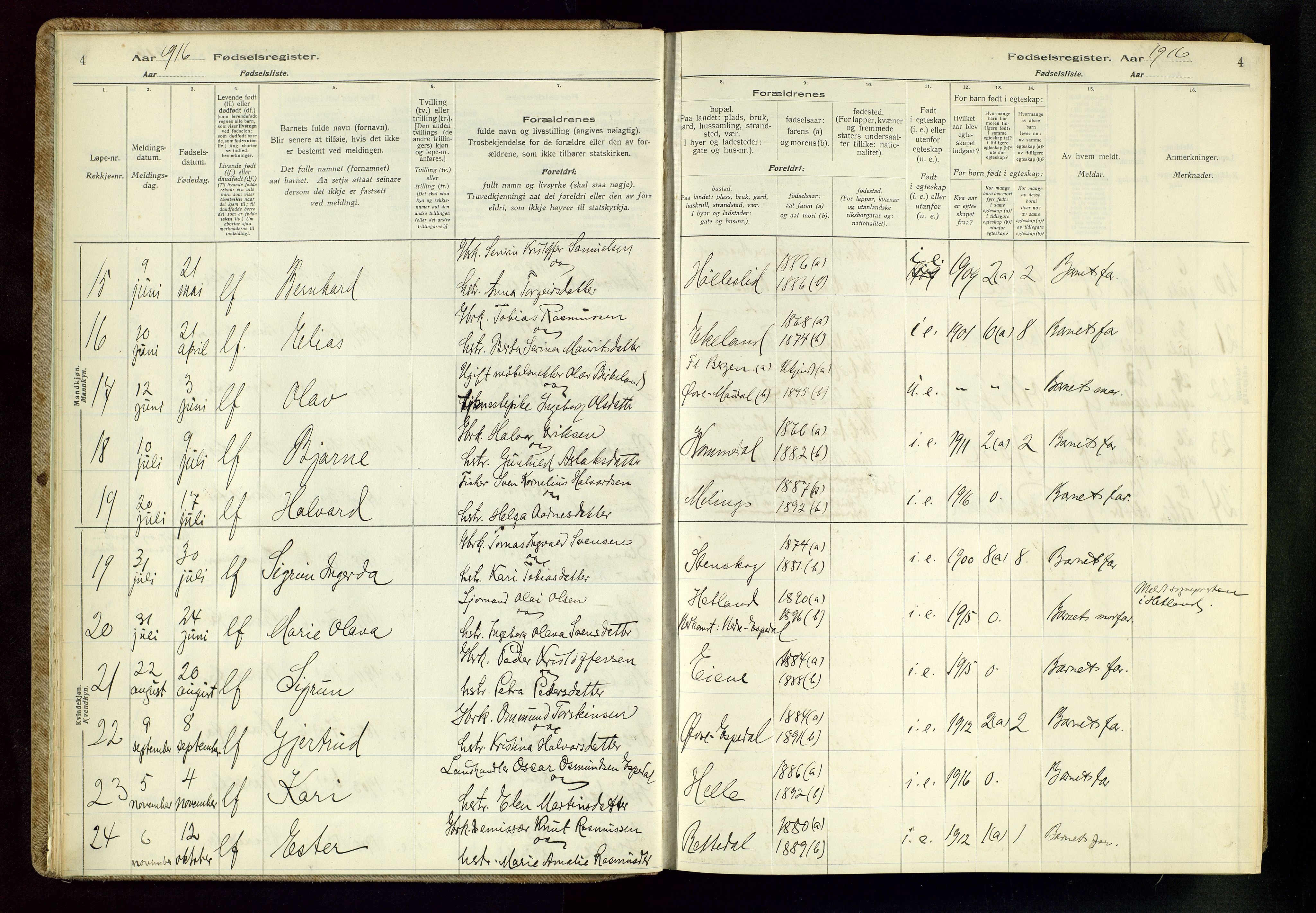 Høgsfjord sokneprestkontor, AV/SAST-A-101624/I/Id/L0002: Birth register no. 2, 1916-1959, p. 4