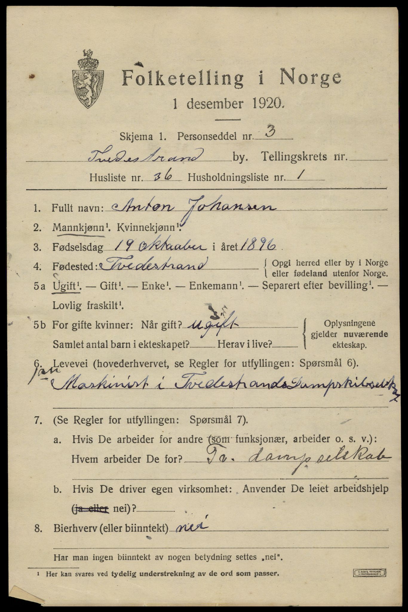 SAK, 1920 census for Tvedestrand, 1920, p. 1685