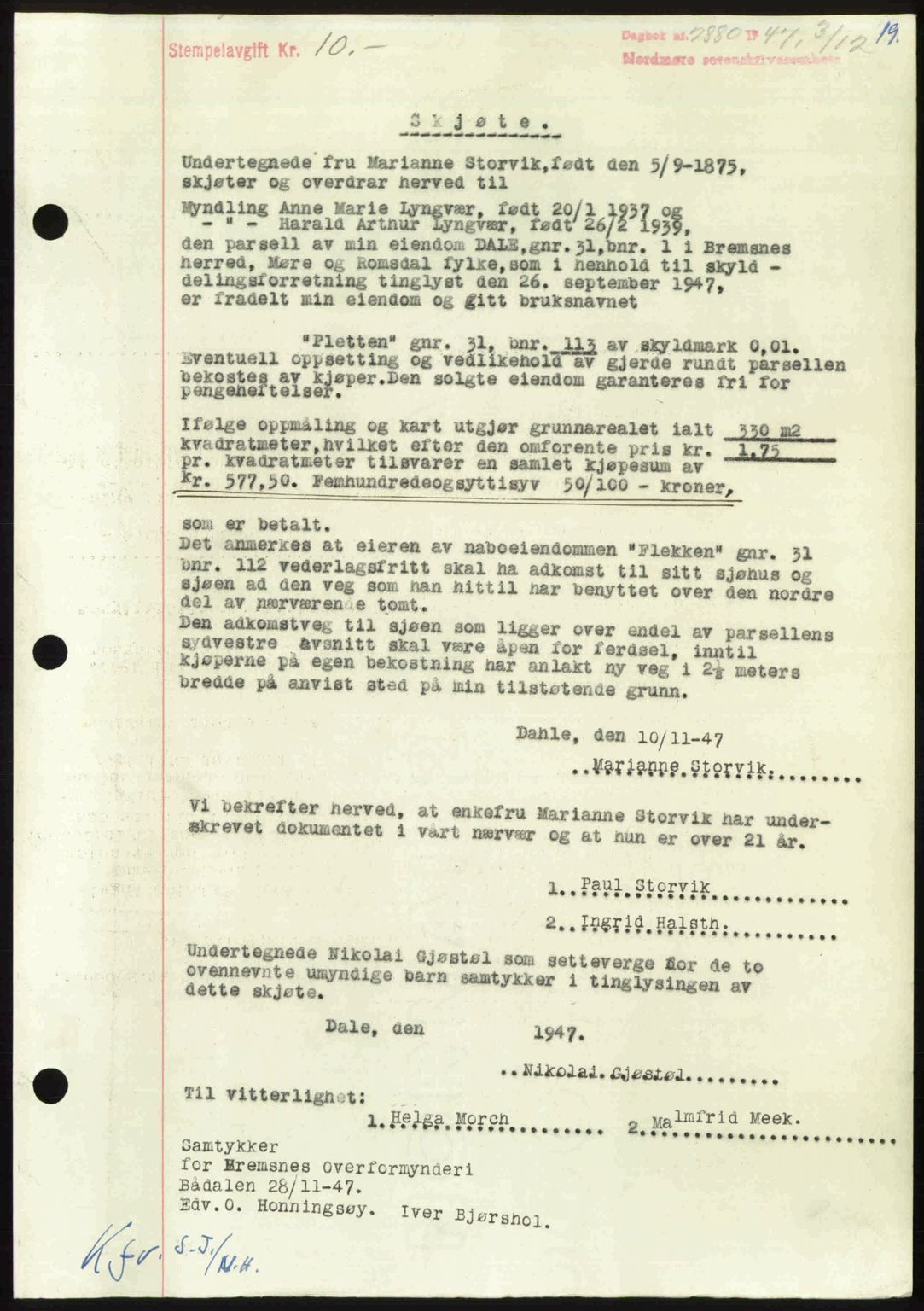 Nordmøre sorenskriveri, AV/SAT-A-4132/1/2/2Ca: Mortgage book no. A107, 1947-1948, Diary no: : 2880/1947