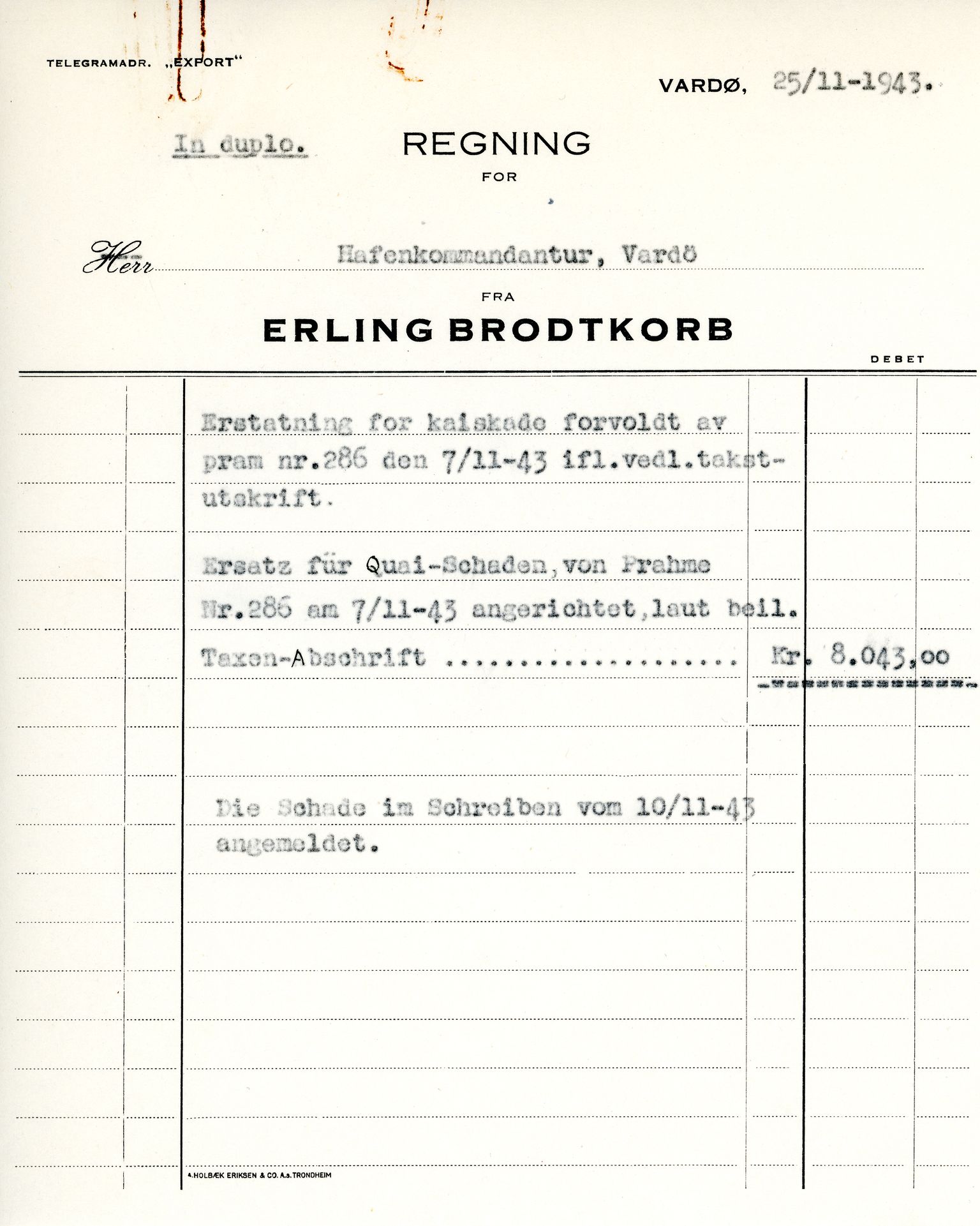 Erling Brodtkorb, Vardø, VAMU/A-0065/D/L0001/0009: Saksdokumenter / Wechrmacht. Ubetalte regninger etter Wechrmacht, 1940-1945