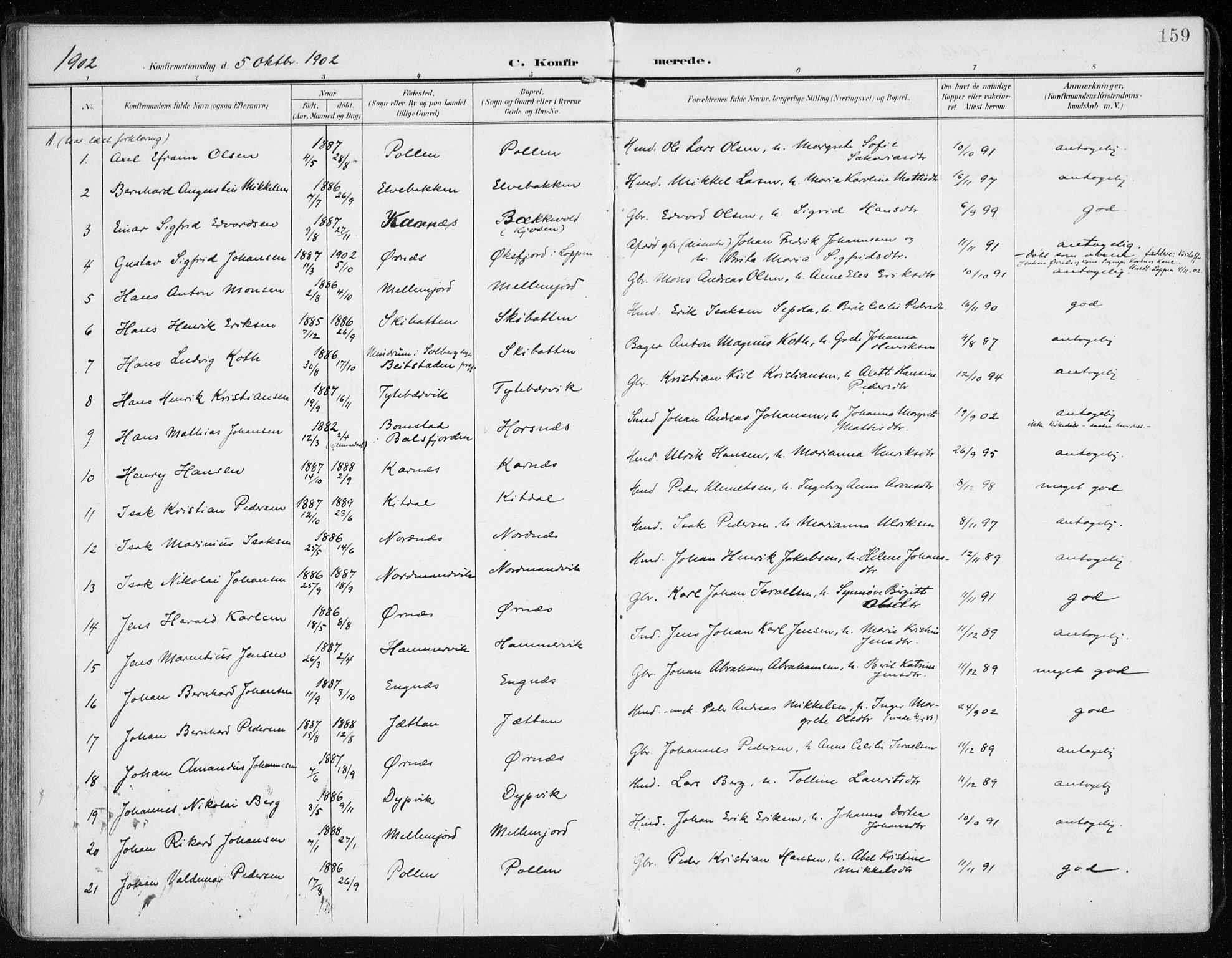 Lyngen sokneprestembete, SATØ/S-1289/H/He/Hea/L0011kirke: Parish register (official) no. 11, 1903-1913, p. 159