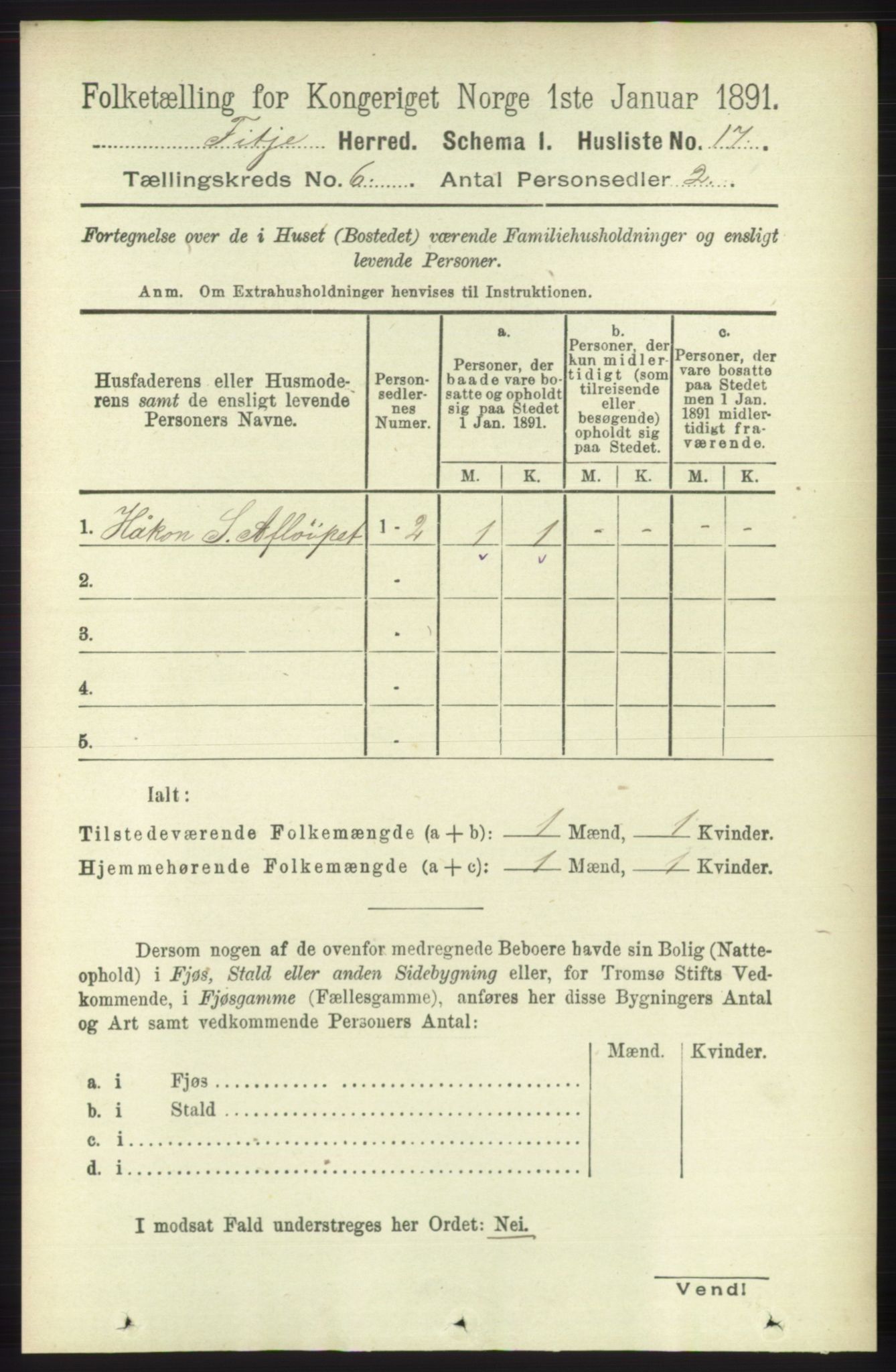 RA, 1891 census for 1222 Fitjar, 1891, p. 2334