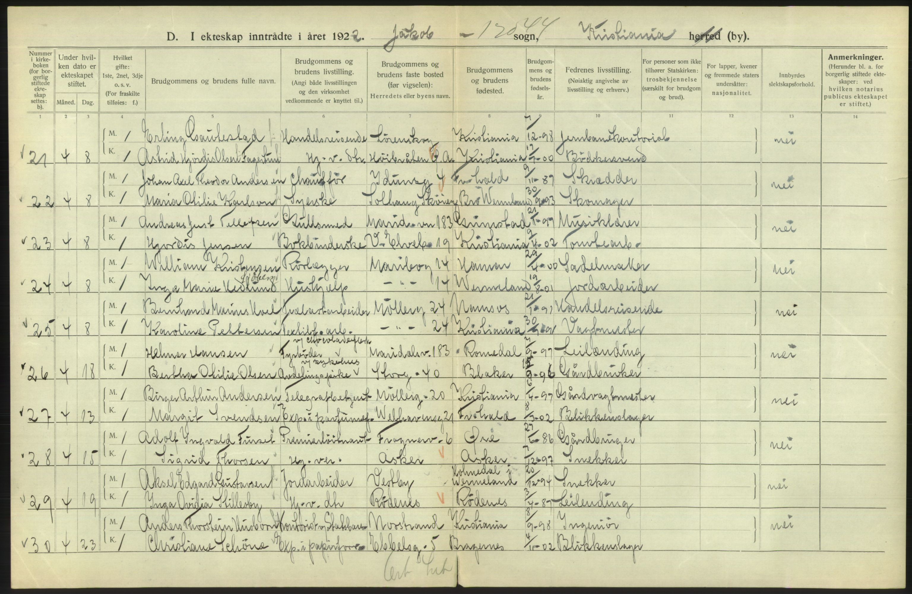 Statistisk sentralbyrå, Sosiodemografiske emner, Befolkning, AV/RA-S-2228/D/Df/Dfc/Dfcb/L0008: Kristiania: Gifte, 1922, p. 442