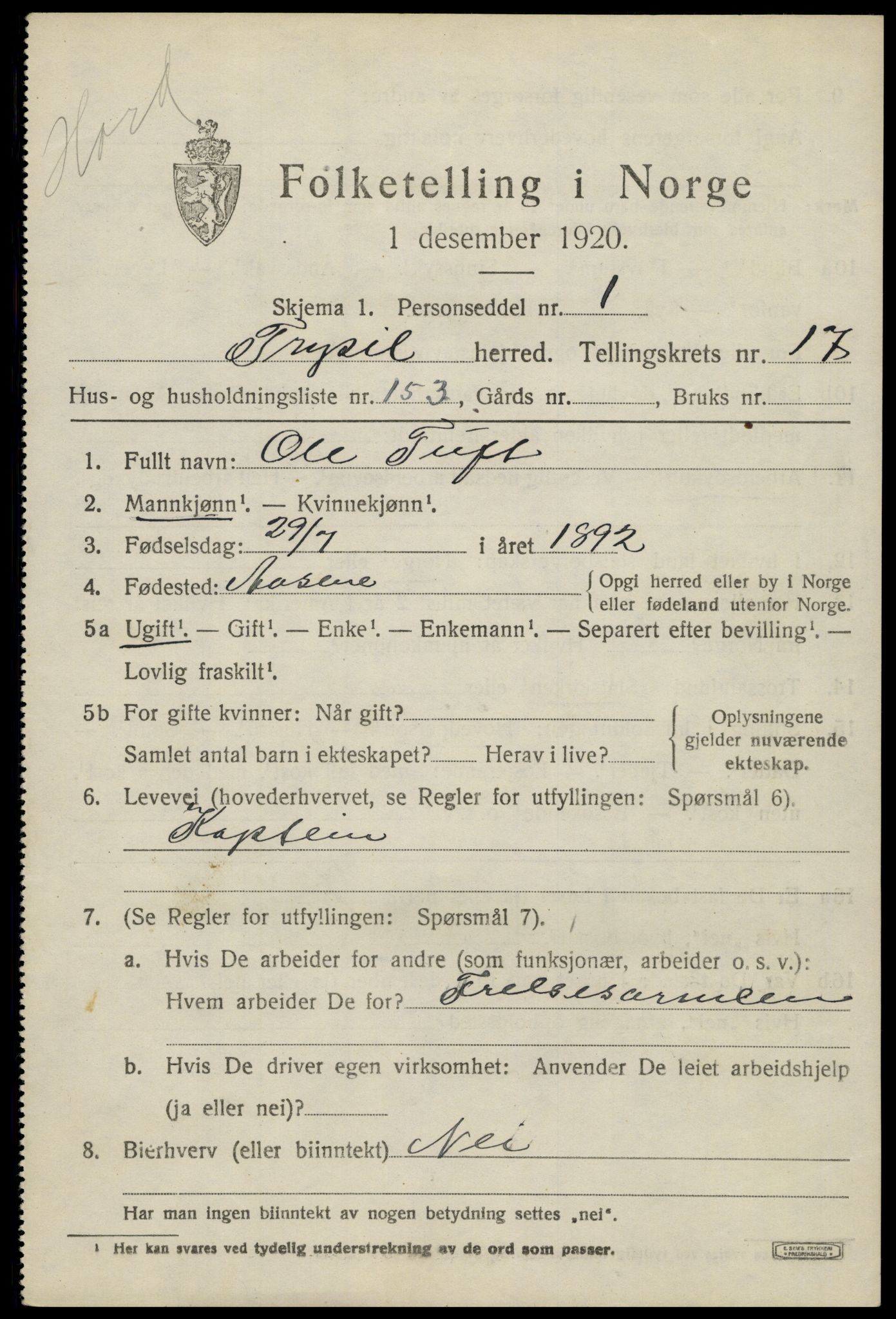 SAH, 1920 census for Trysil, 1920, p. 11897