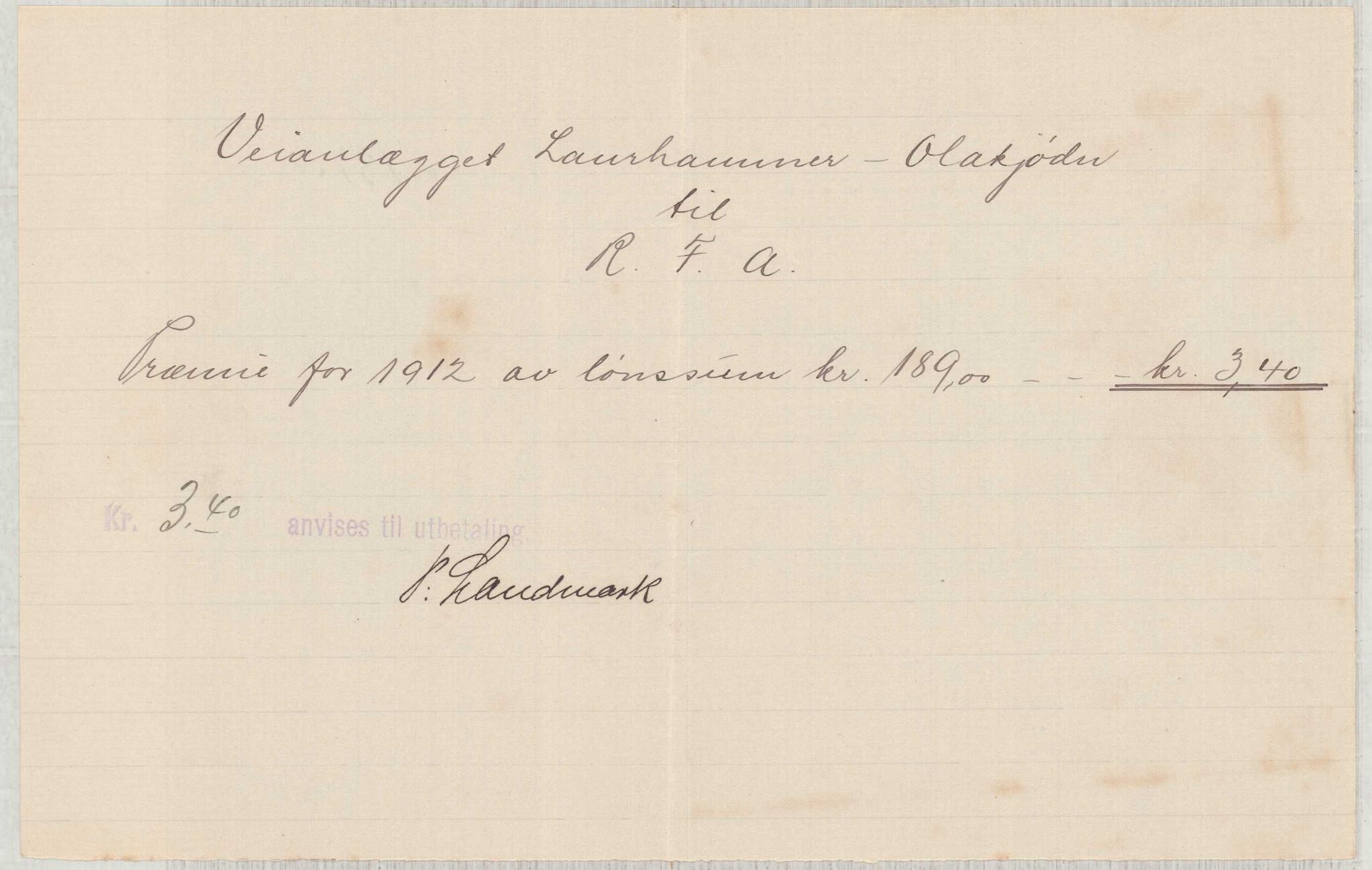 Finnaas kommune. Formannskapet, IKAH/1218a-021/E/Ea/L0001/0004: Rekneskap for veganlegg / Rekneskap for veganlegget Laurhammer - Olakjødn, 1913-1916, p. 6