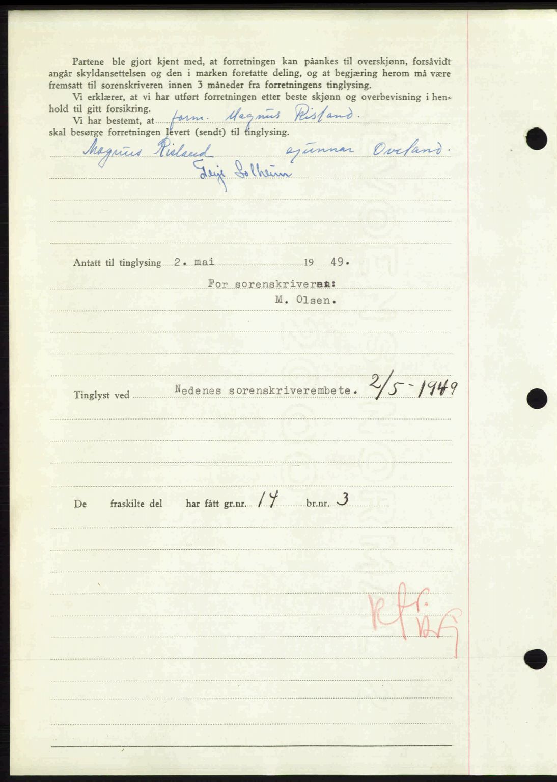 Nedenes sorenskriveri, AV/SAK-1221-0006/G/Gb/Gba/L0060: Mortgage book no. A12, 1948-1949, Diary no: : 651/1949