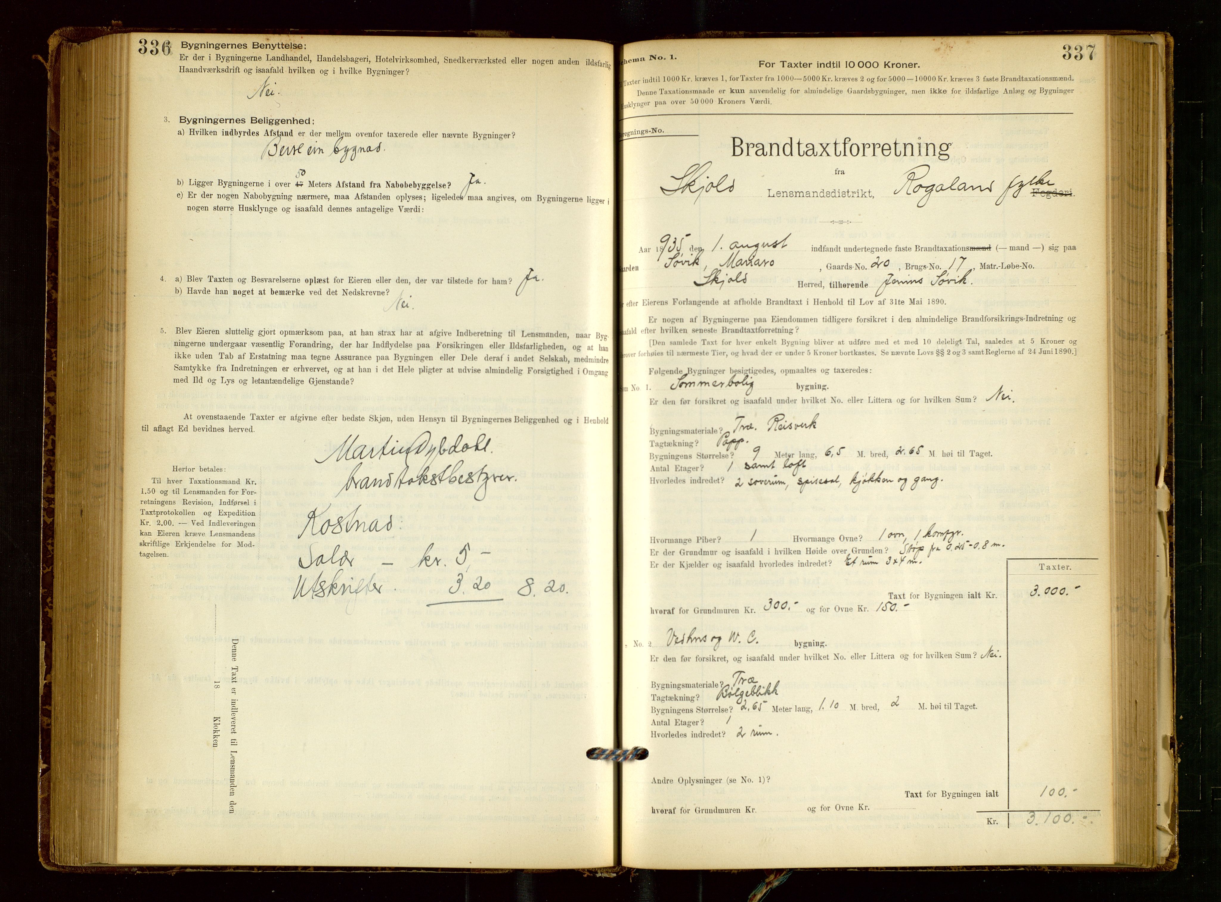 Skjold lensmannskontor, SAST/A-100182/Gob/L0001: "Brandtaxationsprotokol for Skjold Lensmandsdistrikt Ryfylke Fogderi", 1894-1939, p. 336-337