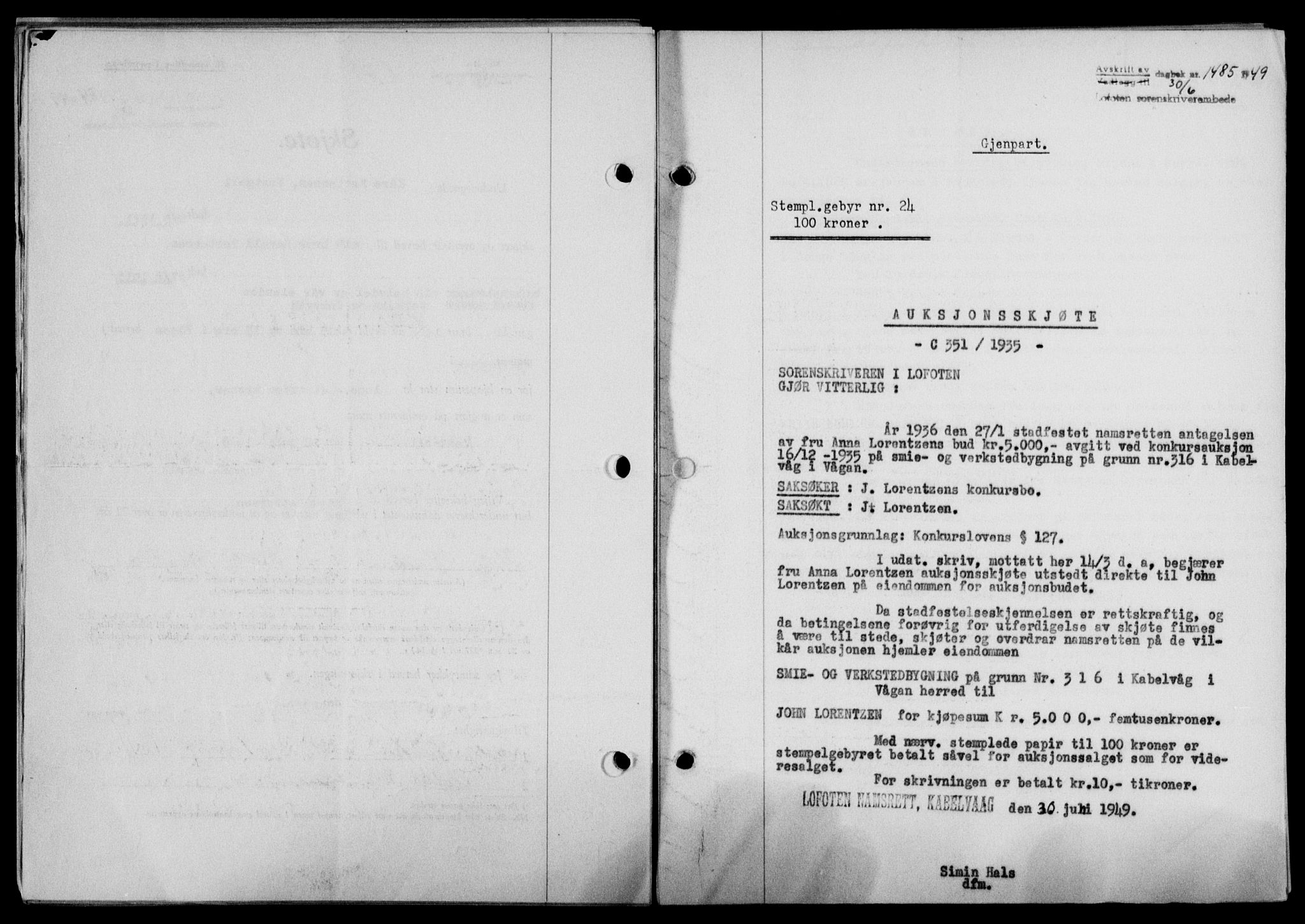 Lofoten sorenskriveri, SAT/A-0017/1/2/2C/L0021a: Mortgage book no. 21a, 1949-1949, Diary no: : 1485/1949