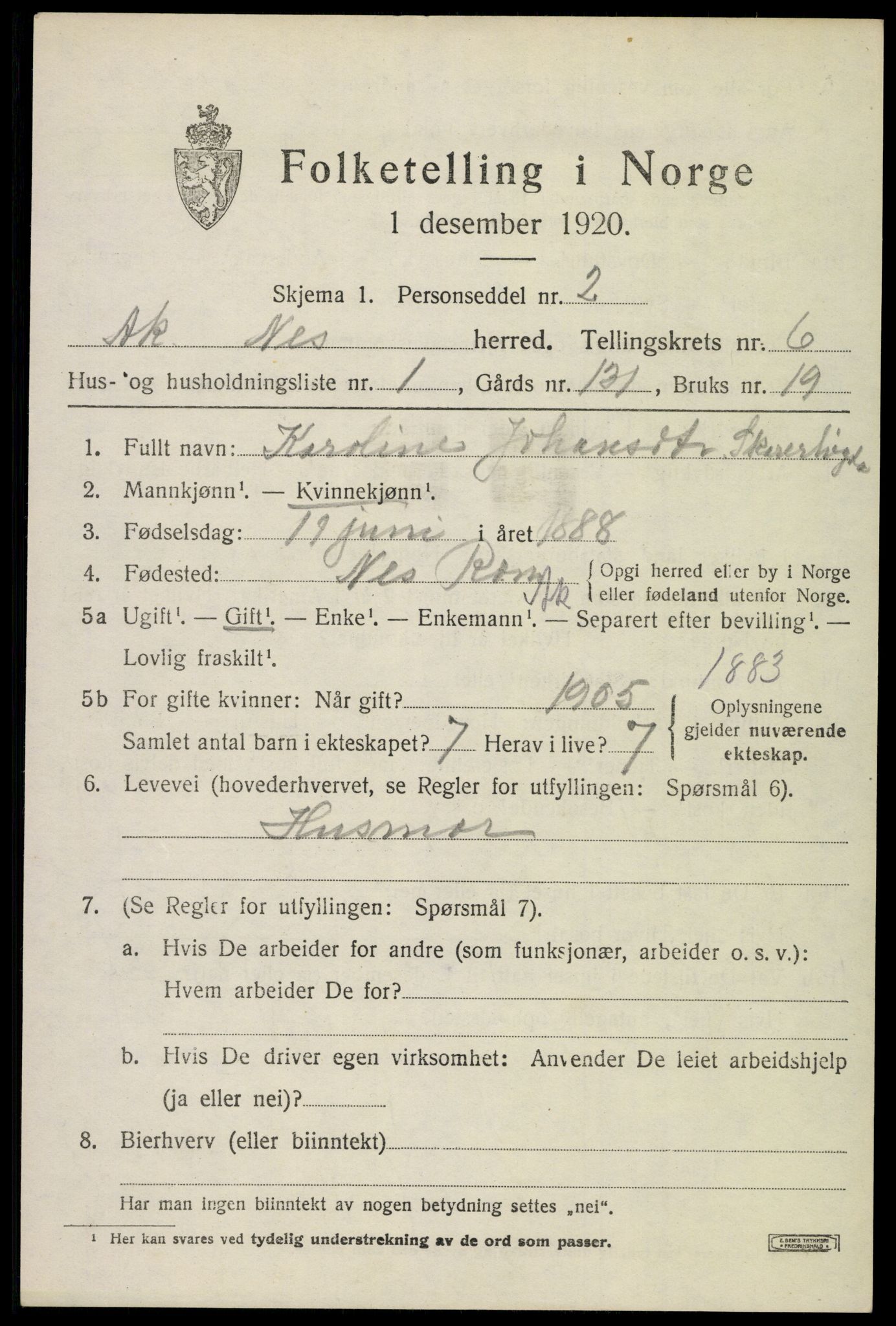 SAO, 1920 census for Nes, 1920, p. 7622