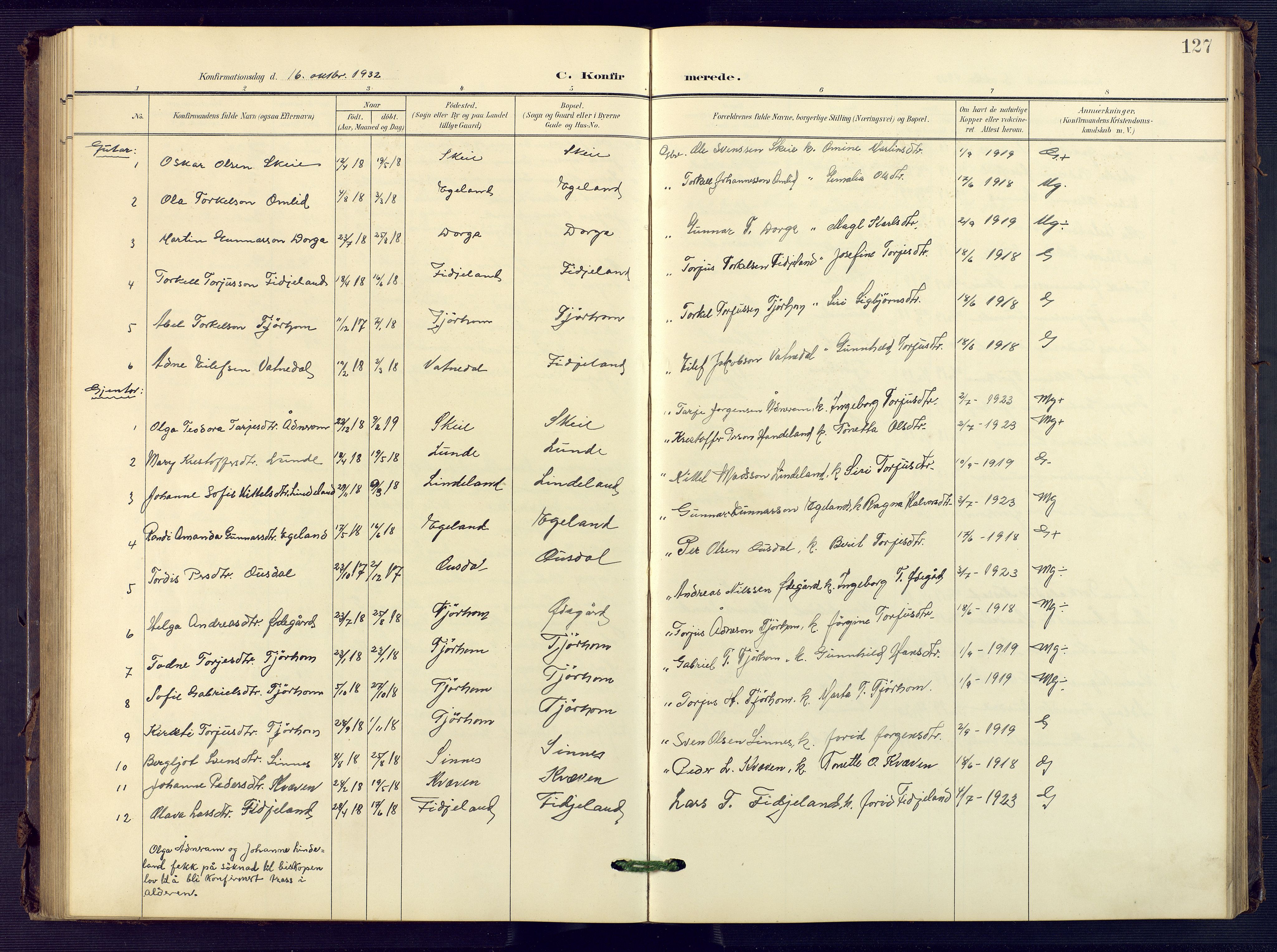 Sirdal sokneprestkontor, AV/SAK-1111-0036/F/Fb/Fba/L0002: Parish register (copy) no. B 2, 1905-1958, p. 127