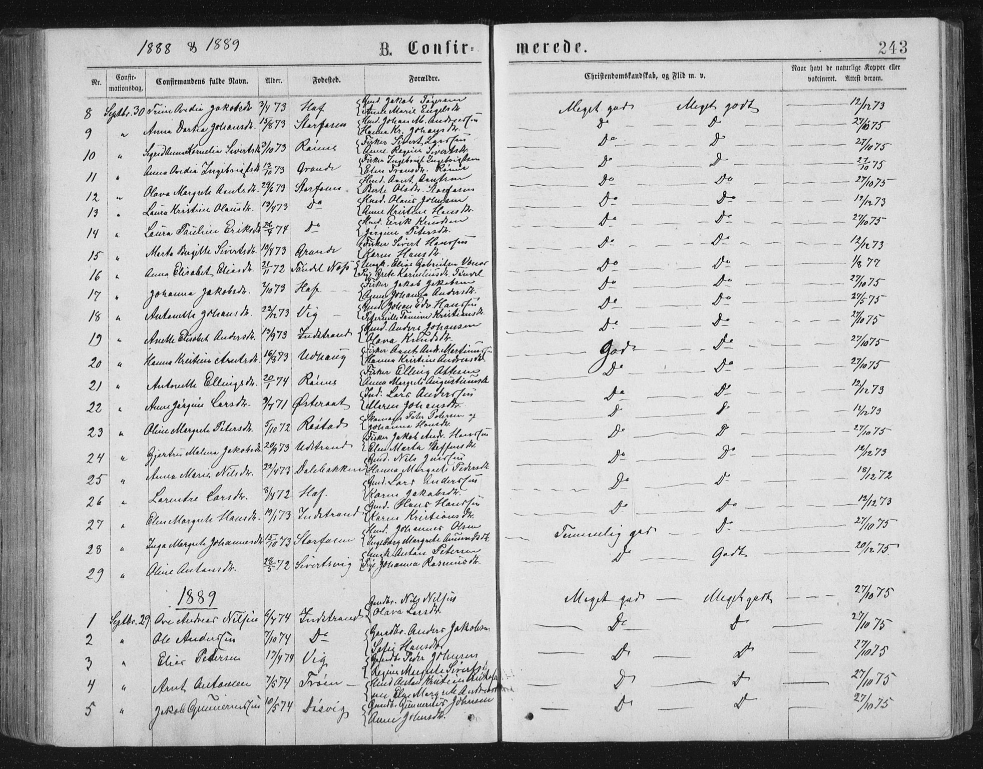 Ministerialprotokoller, klokkerbøker og fødselsregistre - Sør-Trøndelag, SAT/A-1456/659/L0745: Parish register (copy) no. 659C02, 1869-1892, p. 243
