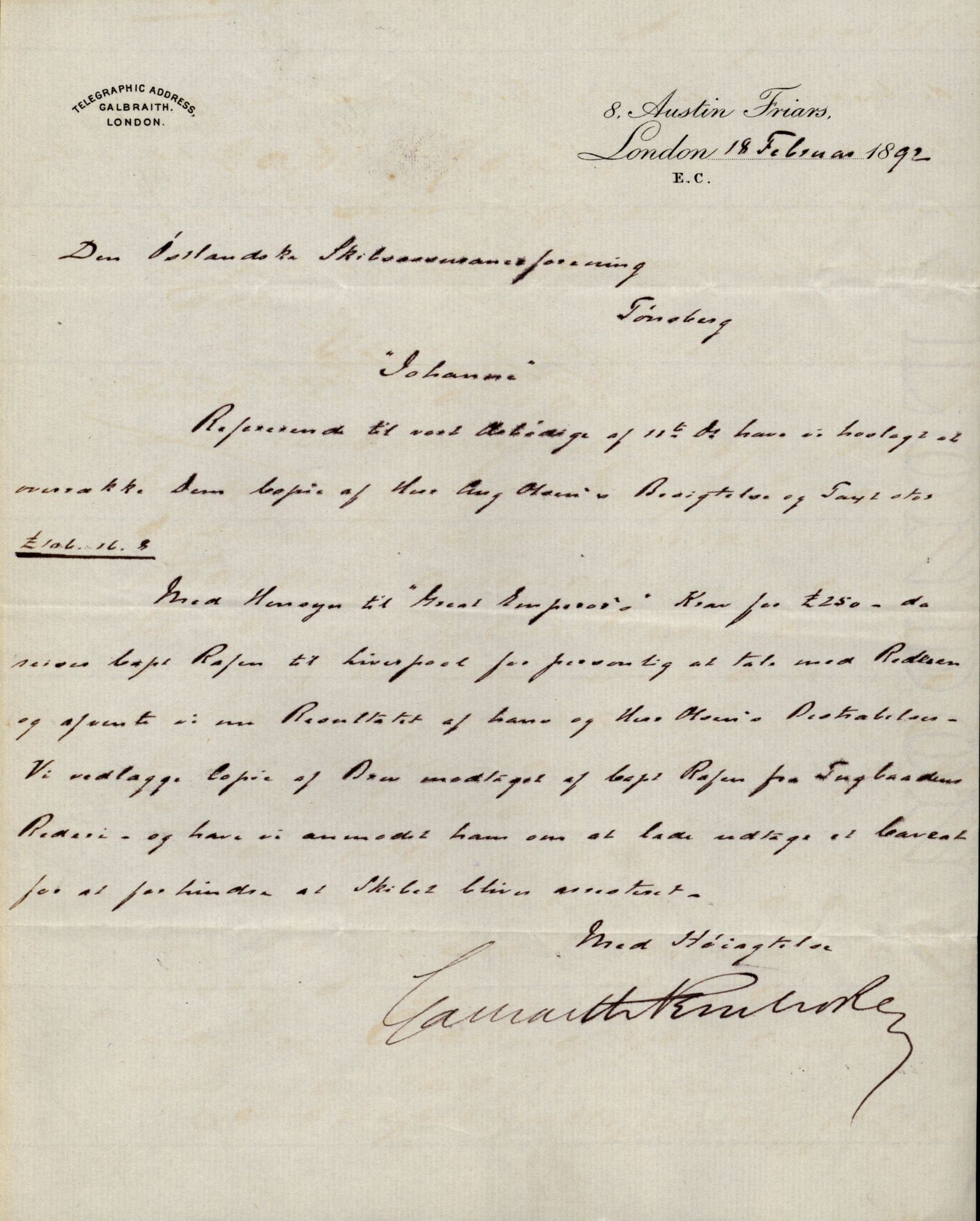 Pa 63 - Østlandske skibsassuranceforening, VEMU/A-1079/G/Ga/L0029/0002: Havaridokumenter / Johanne, Ocean, Capella, Columbus, Castro, 1892, p. 5