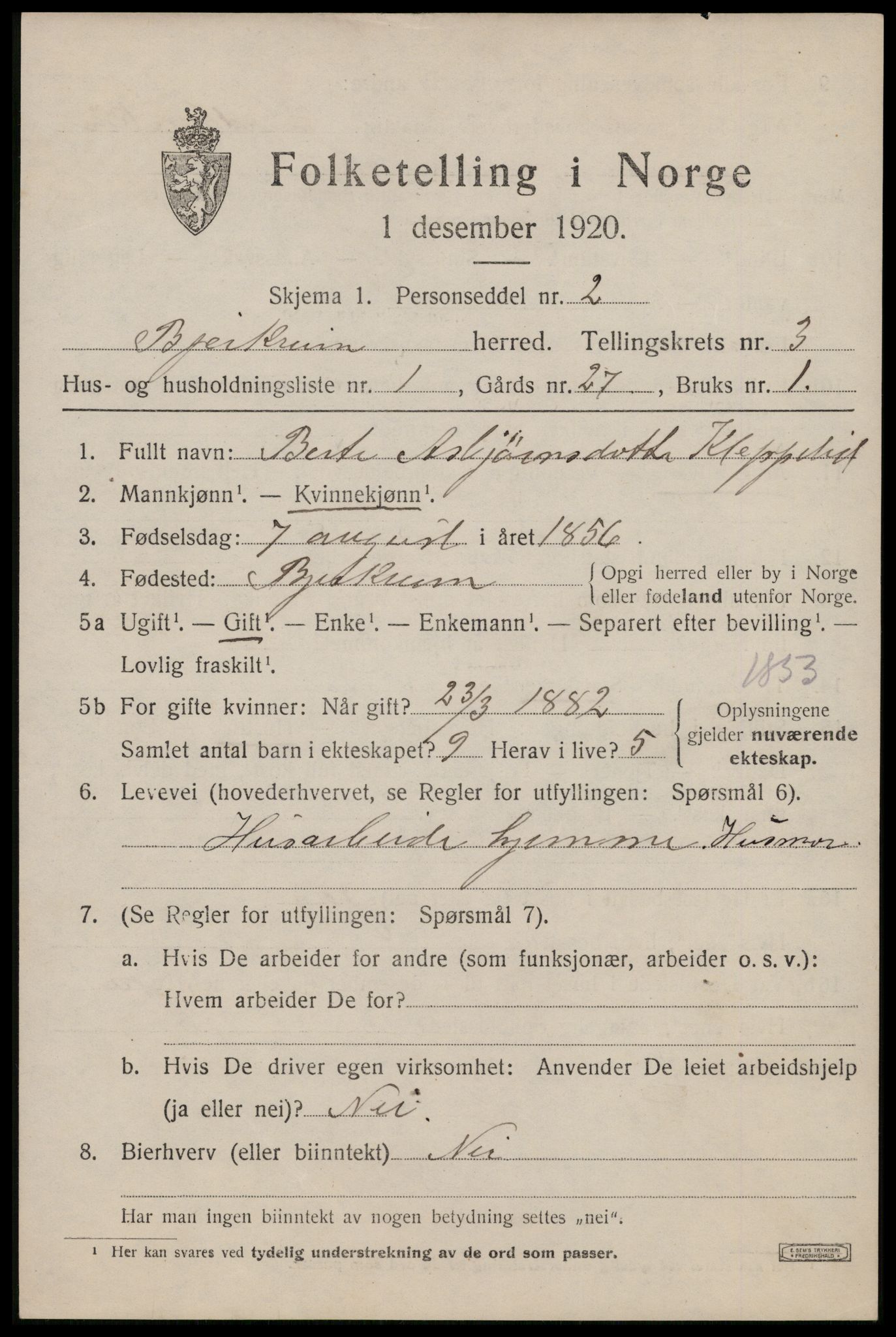 SAST, 1920 census for Bjerkreim, 1920, p. 1618