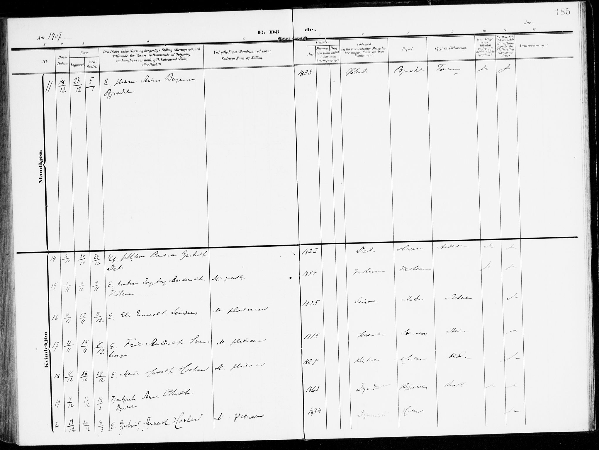 Lavik sokneprestembete, AV/SAB-A-80901: Parish register (official) no. C 2, 1904-1921, p. 185