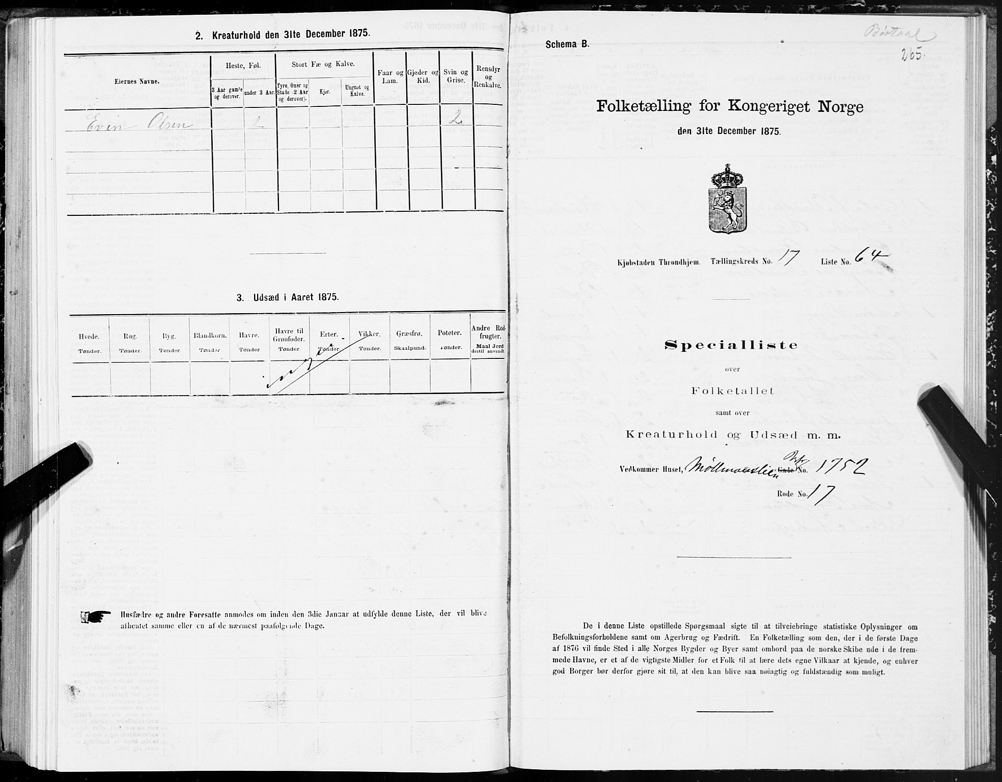 SAT, 1875 census for 1601 Trondheim, 1875, p. 9265