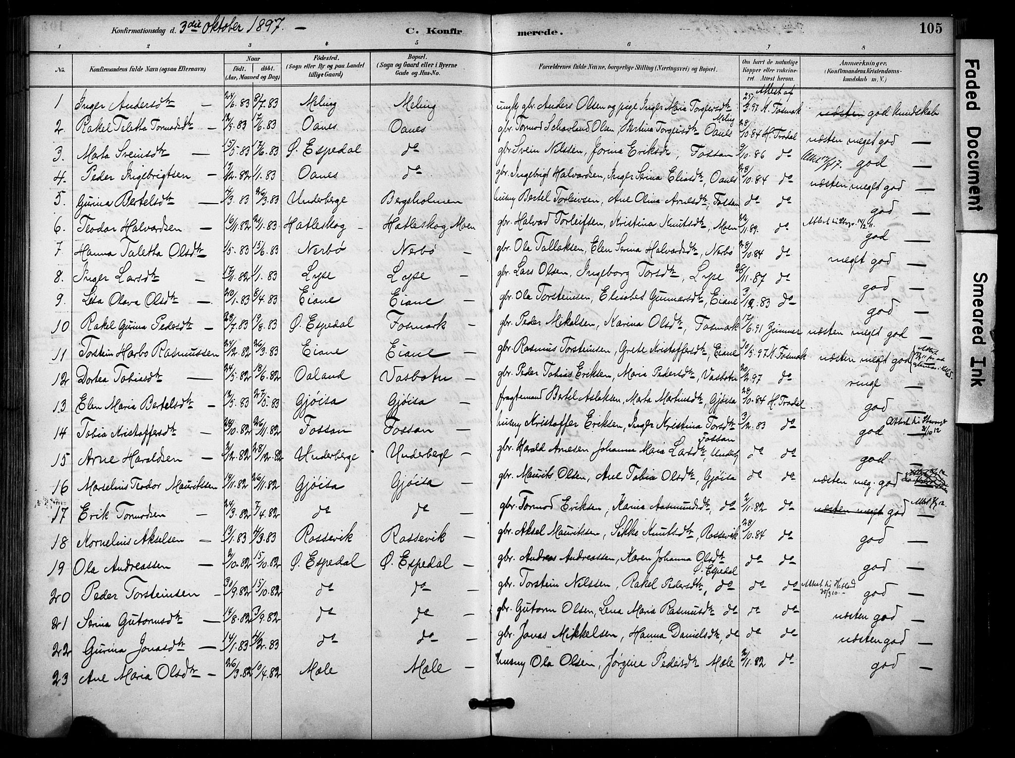 Høgsfjord sokneprestkontor, SAST/A-101624/H/Ha/Haa/L0006: Parish register (official) no. A 6, 1885-1897, p. 105