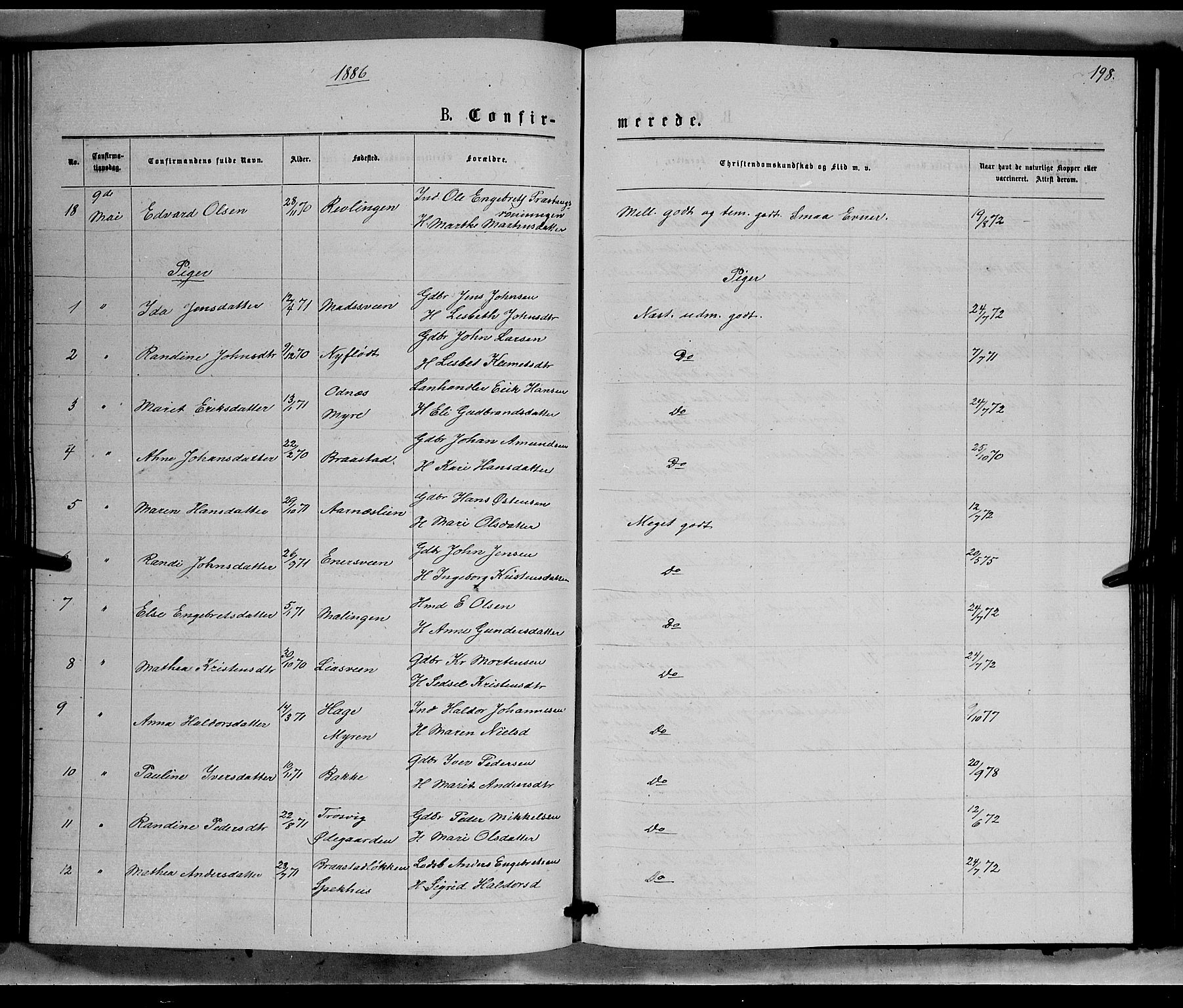 Ringebu prestekontor, AV/SAH-PREST-082/H/Ha/Hab/L0006: Parish register (copy) no. 6, 1880-1898, p. 198