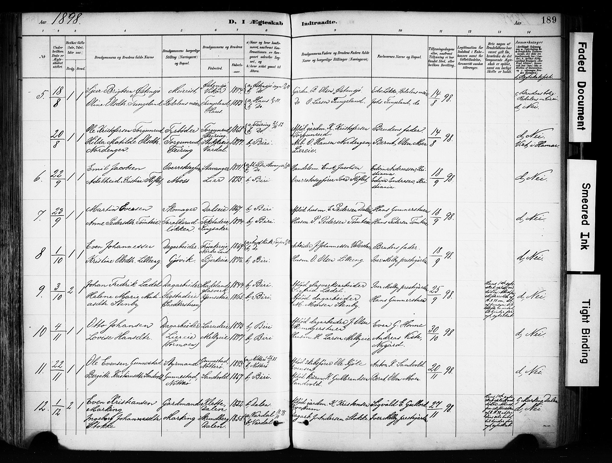 Biri prestekontor, SAH/PREST-096/H/Ha/Haa/L0009: Parish register (official) no. 9, 1887-1900, p. 189