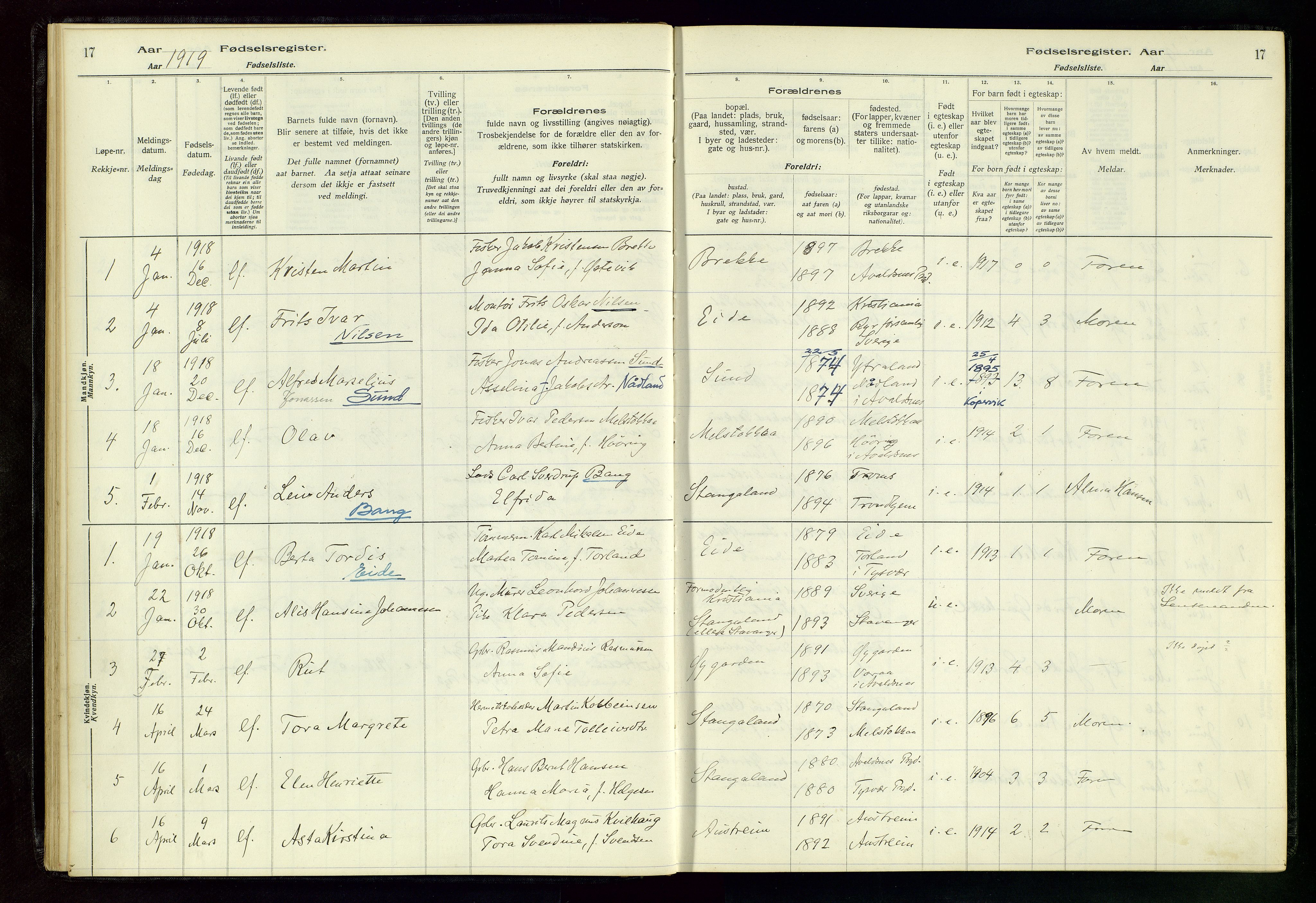 Kopervik sokneprestkontor, SAST/A-101850/I/Id/L0004: Birth register no. 4, 1916-1958, p. 17