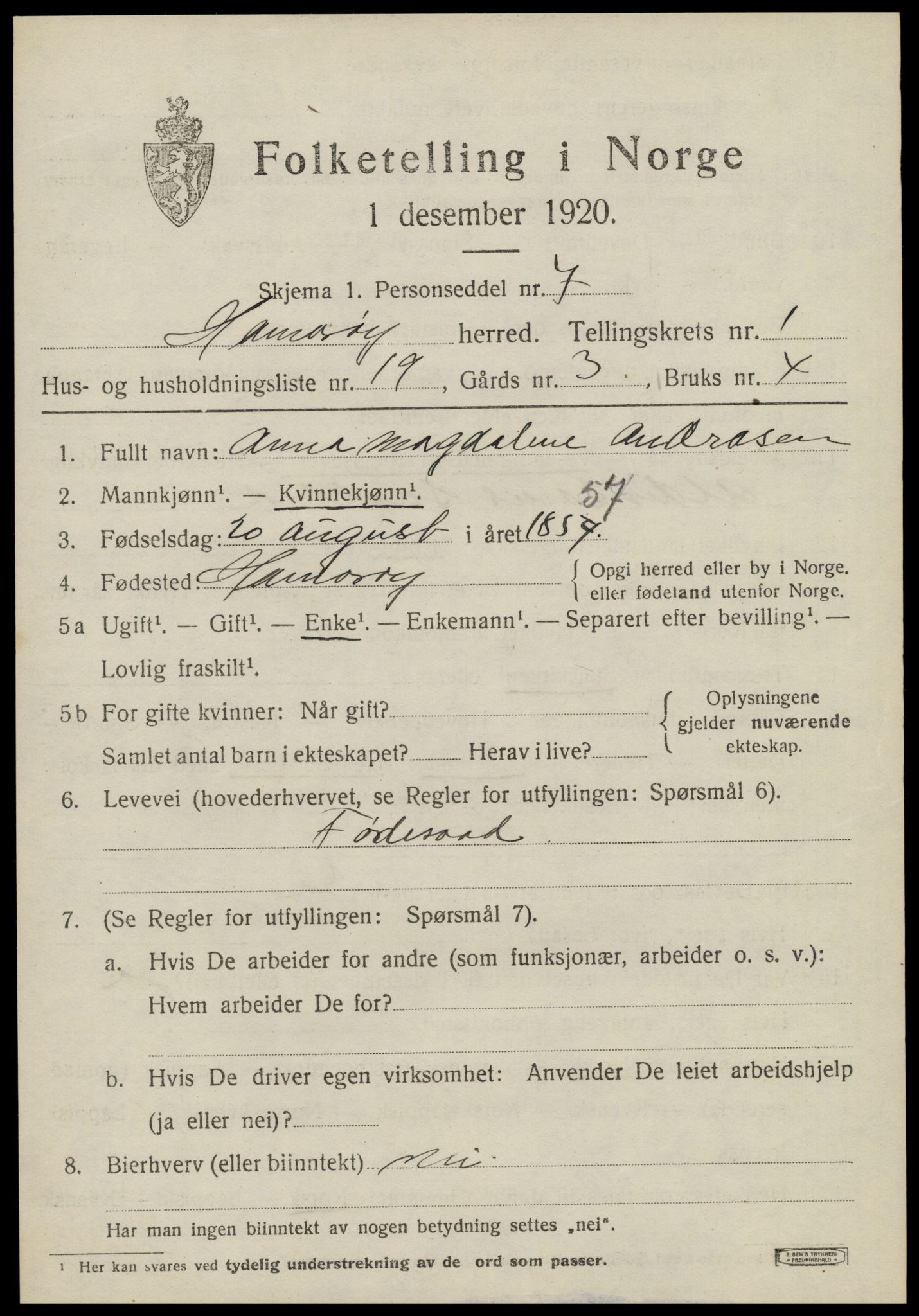 SAT, 1920 census for Hamarøy, 1920, p. 1426