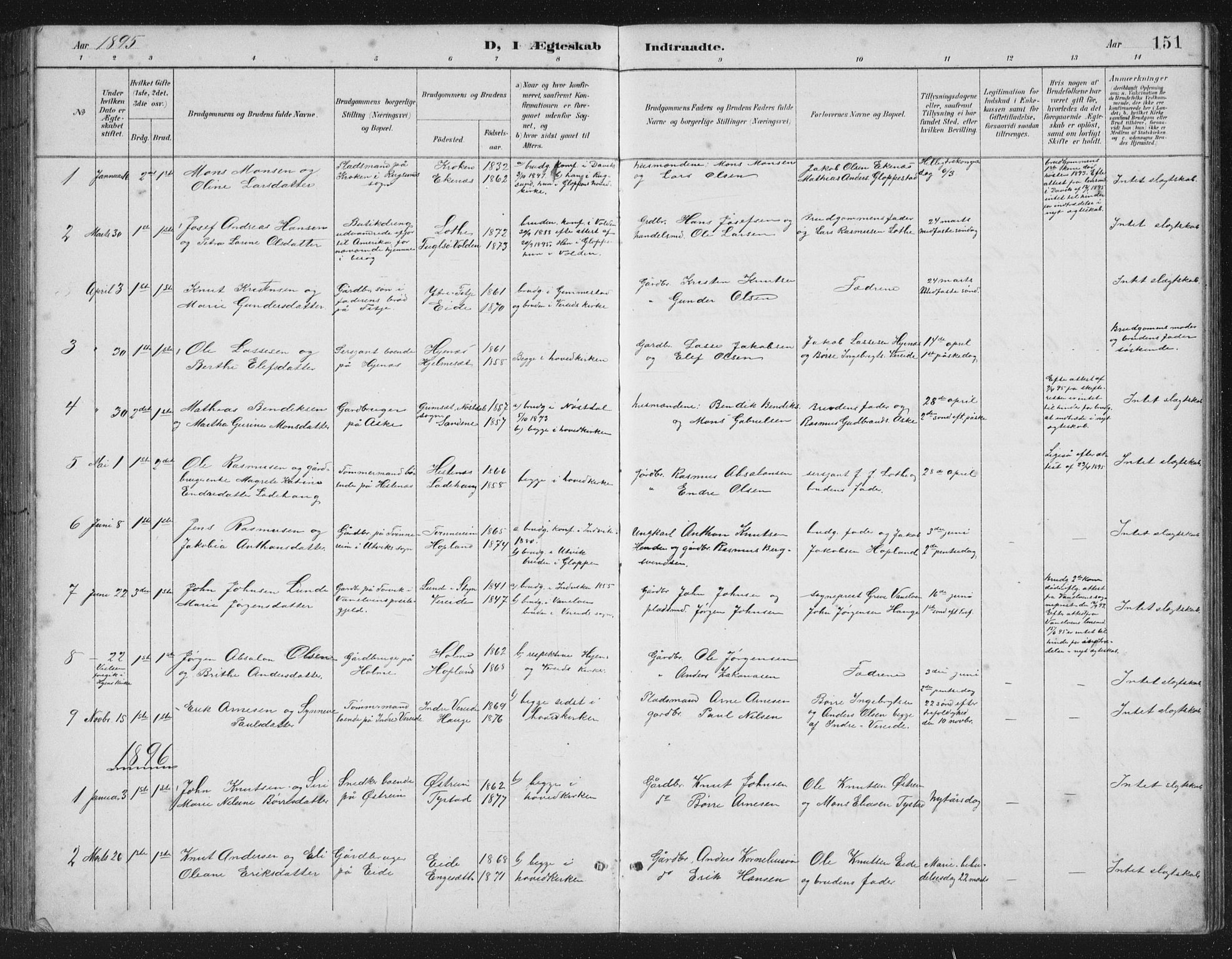 Gloppen sokneprestembete, SAB/A-80101/H/Hab/Habb/L0002: Parish register (copy) no. B 2, 1889-1909, p. 151