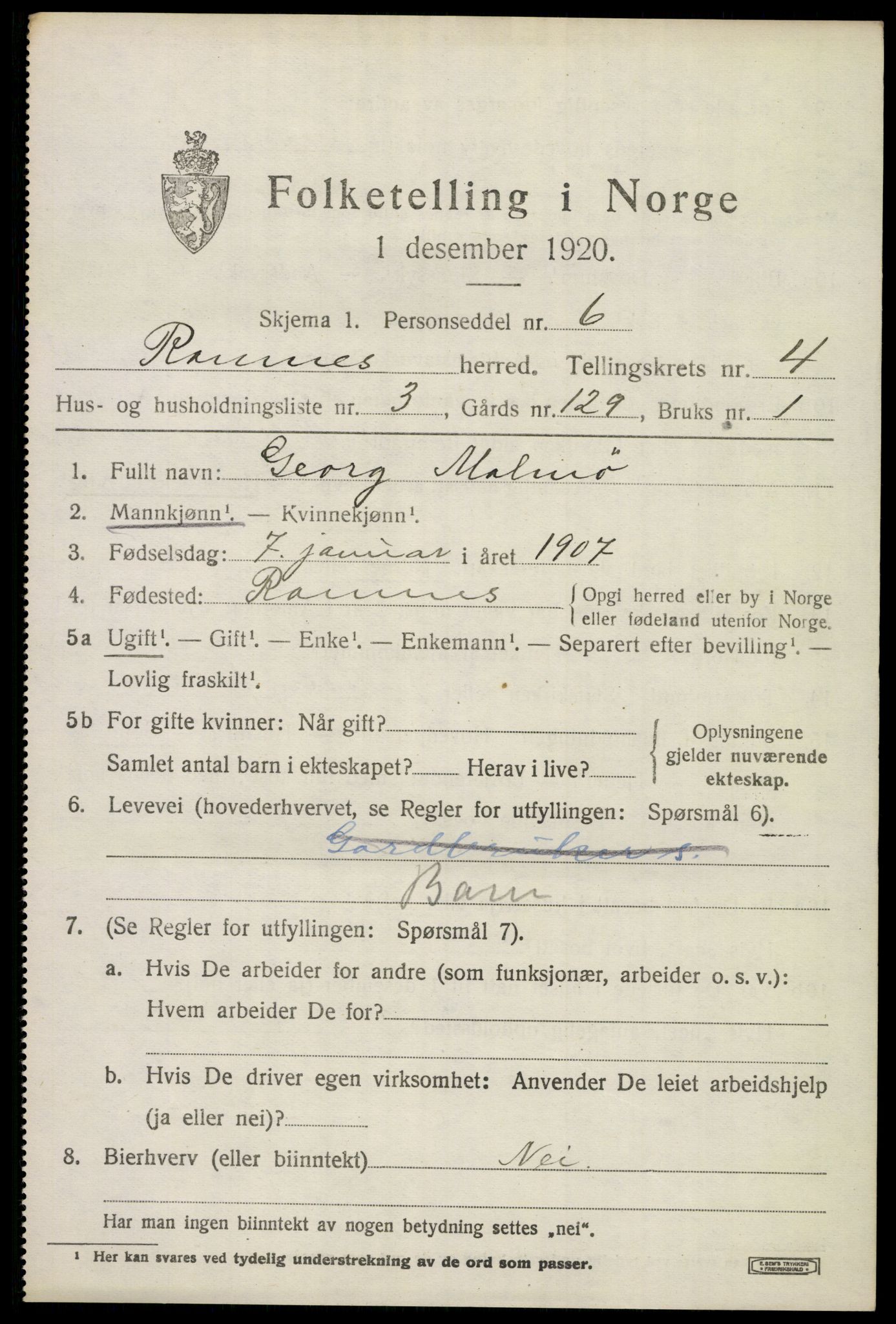 SAKO, 1920 census for Ramnes, 1920, p. 4354
