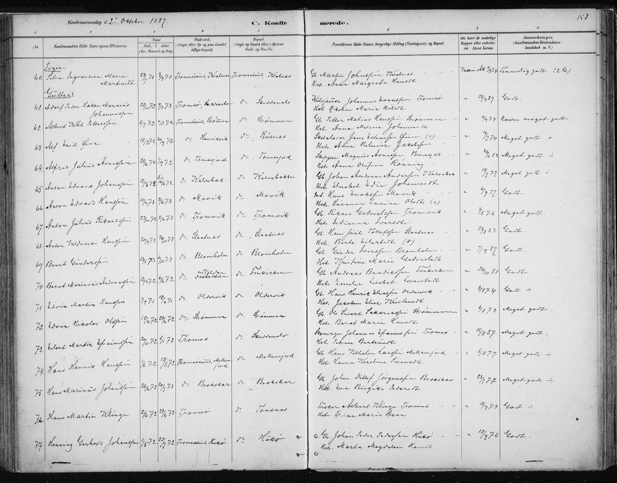 Tromsøysund sokneprestkontor, AV/SATØ-S-1304/G/Ga/L0004kirke: Parish register (official) no. 4, 1880-1888, p. 158